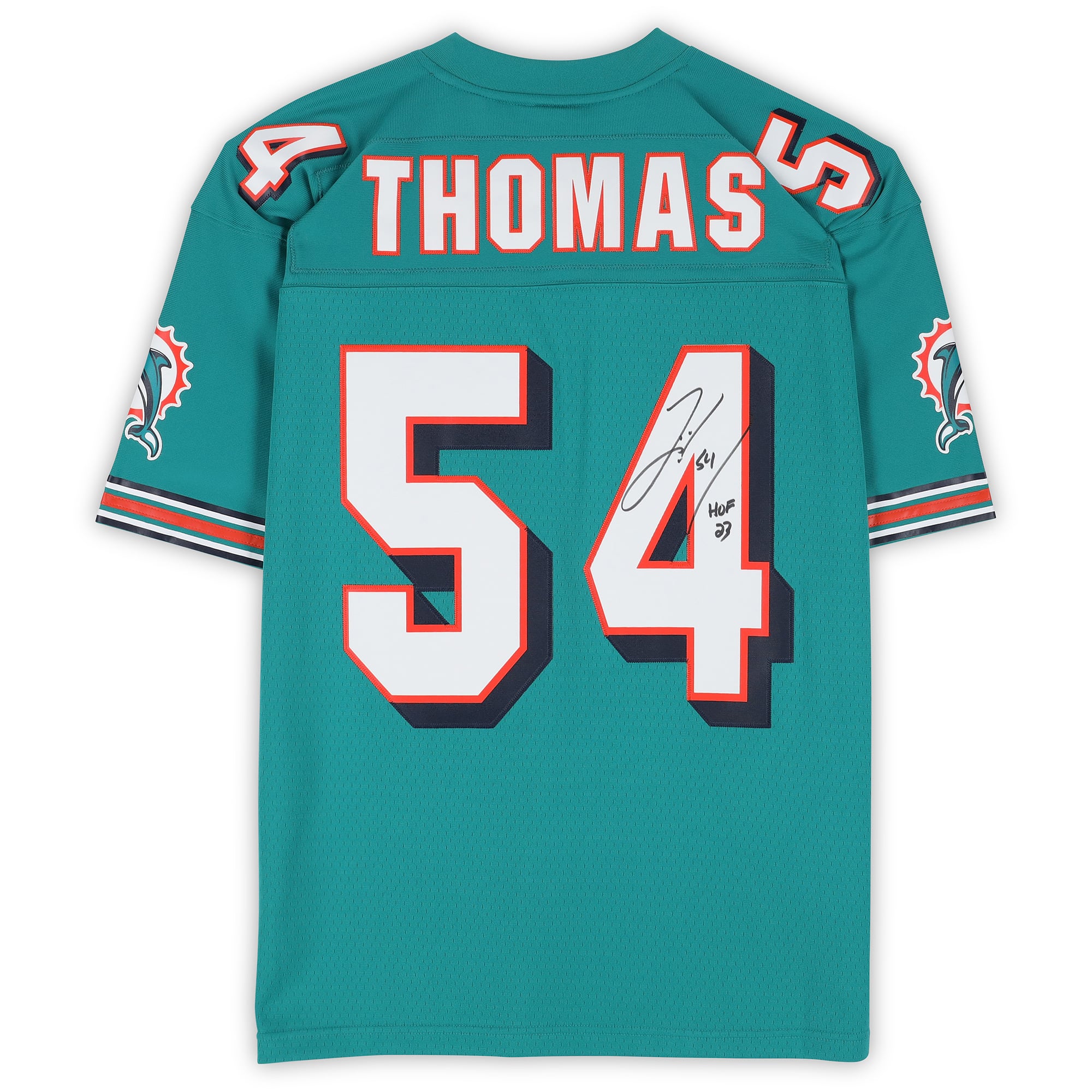 Maillot réplique Mitchell & Ness 2006 de Zach Thomas (Miami Dolphins), couleur turquoise, avec inscription « HOF 23 »