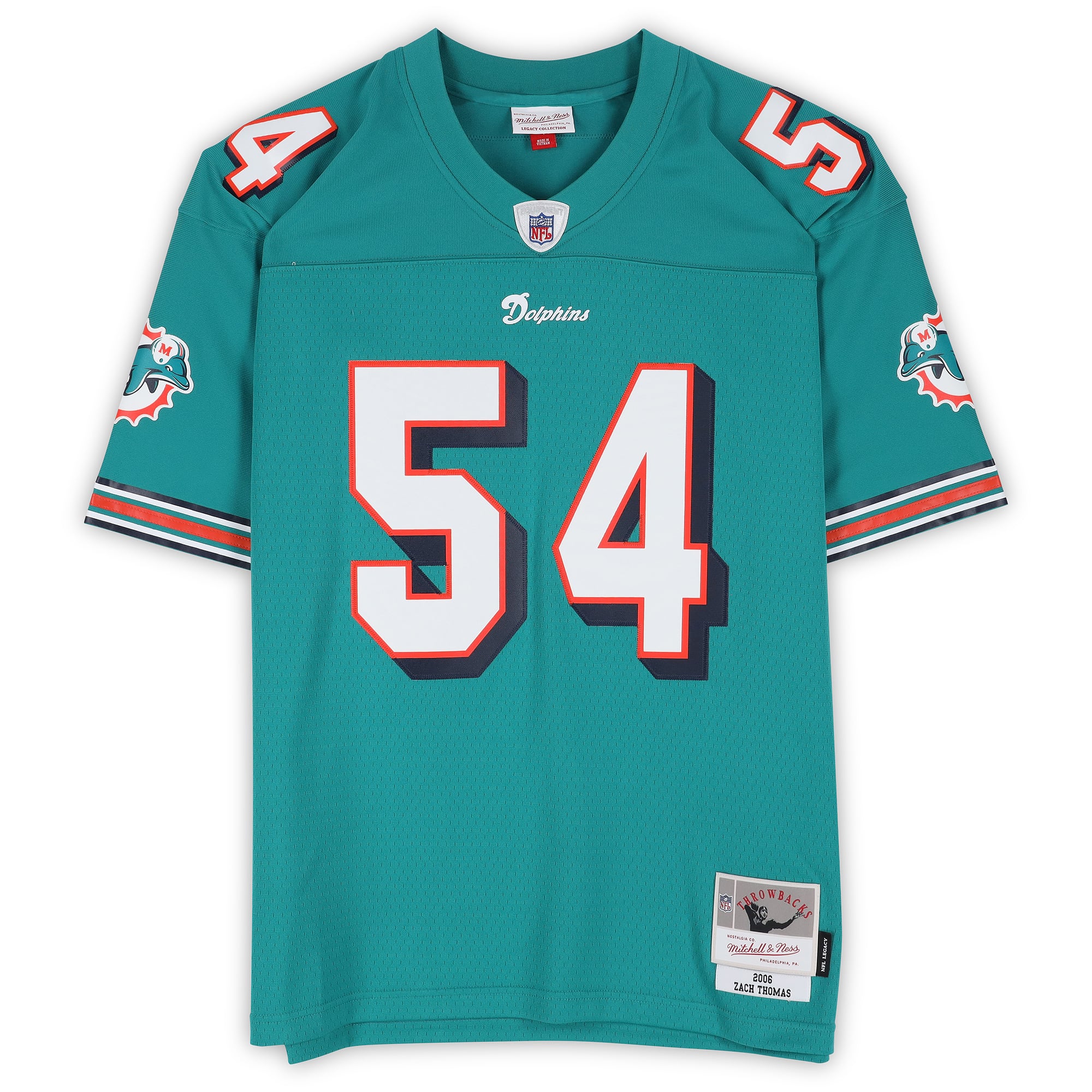 Maillot réplique Mitchell & Ness 2006 de Zach Thomas (Miami Dolphins), couleur turquoise, avec inscription « HOF 23 »