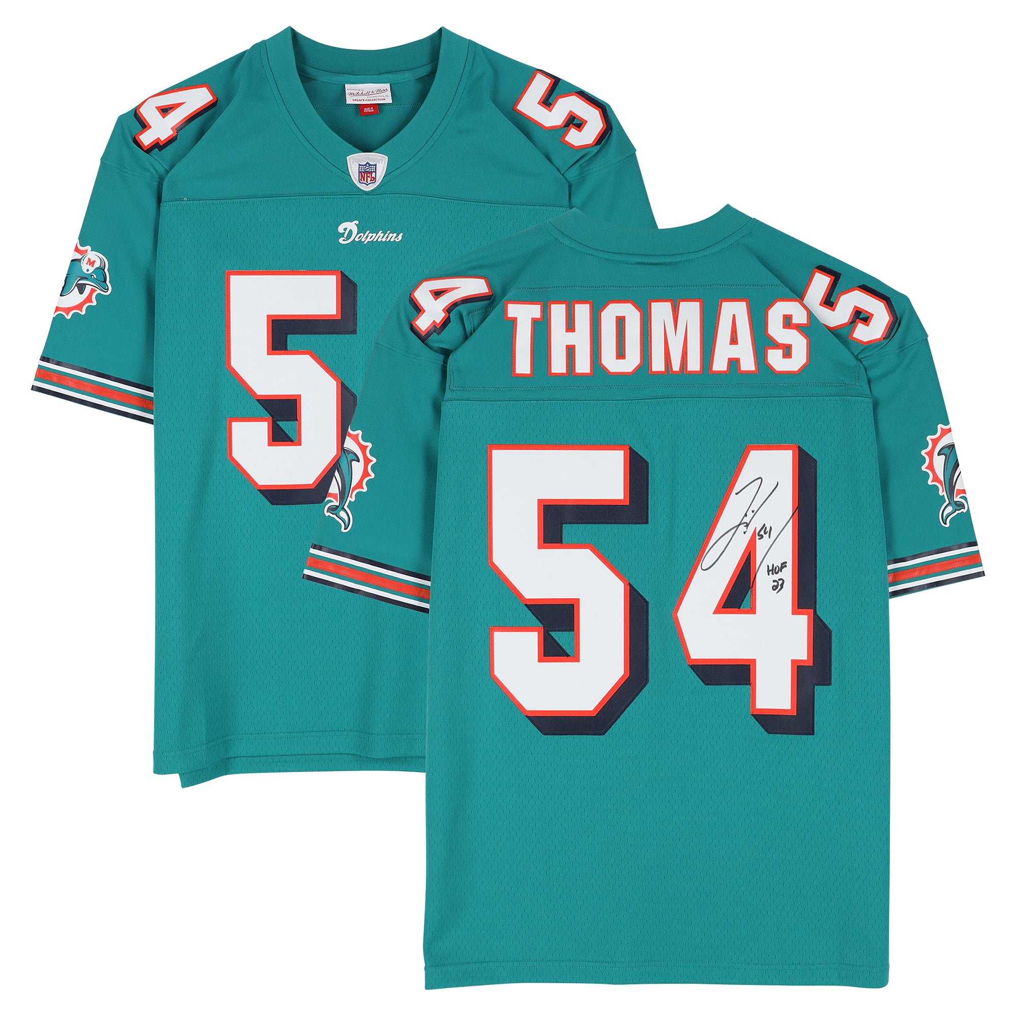 Maillot réplique Mitchell & Ness 2006 de Zach Thomas (Miami Dolphins), couleur turquoise, avec inscription « HOF 23 »