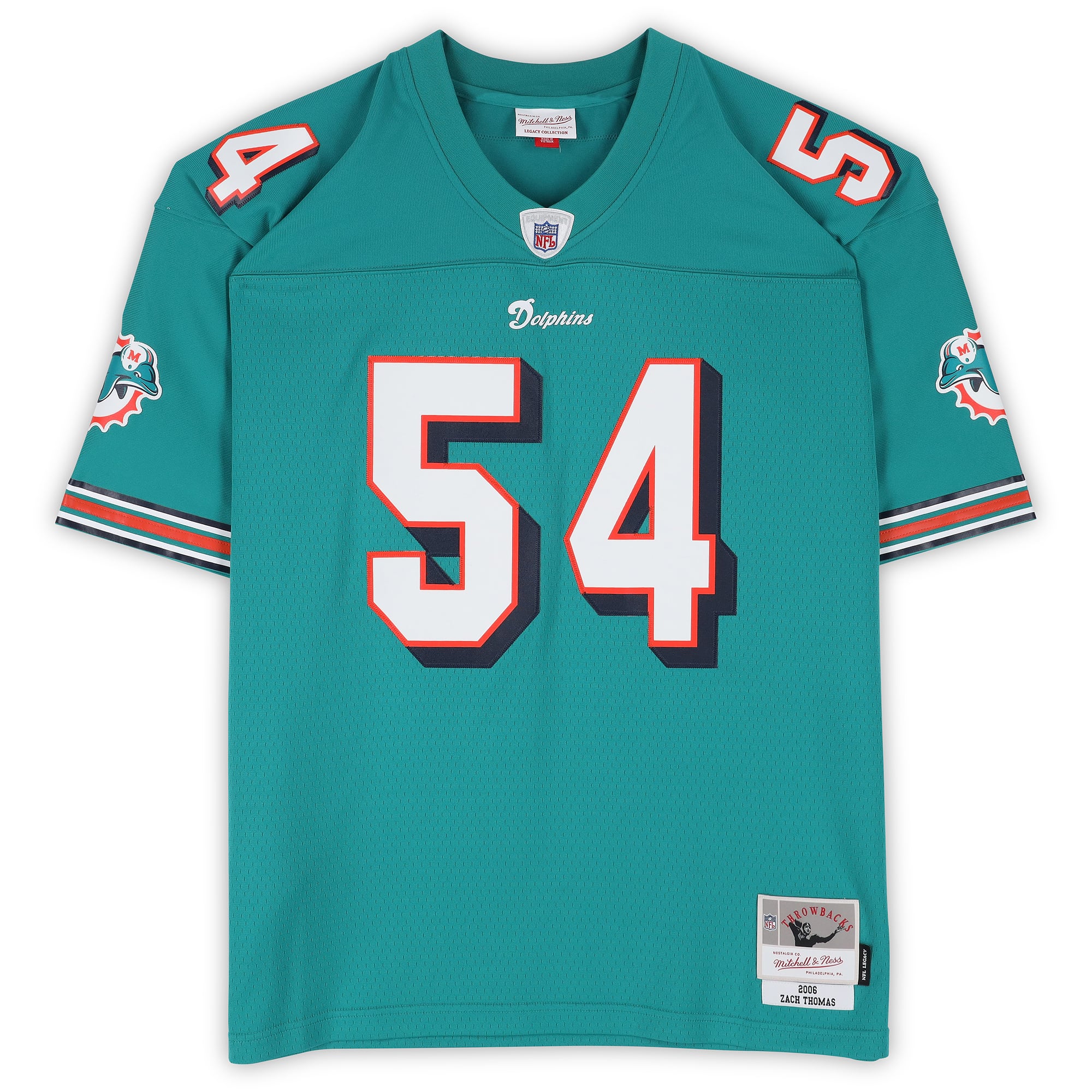 Maillot réplique Mitchell & Ness Aqua 2006 autographié par Zach Thomas des Miami Dolphins