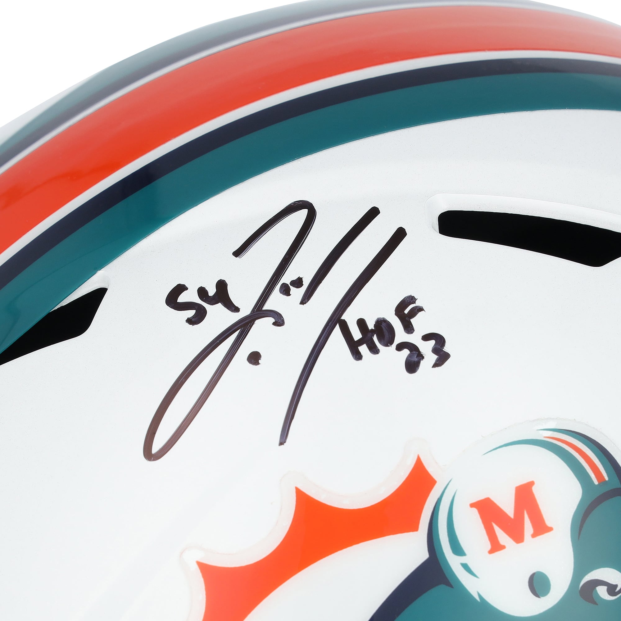 Casque Riddell Speed ​​Replica rétro 1997-2012 autographié par Zach Thomas des Miami Dolphins, avec inscription « HOF 23 ».