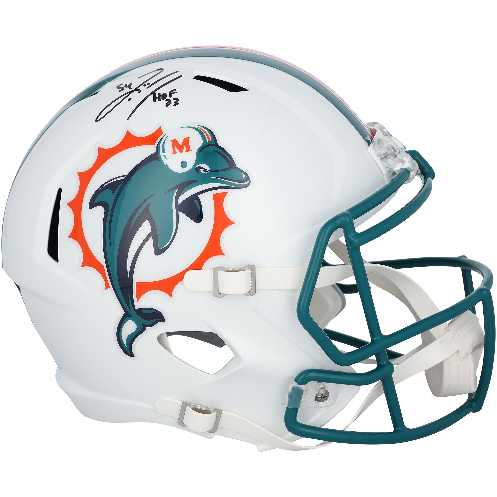 Casque Riddell Speed ​​Replica rétro 1997-2012 autographié par Zach Thomas des Miami Dolphins, avec inscription « HOF 23 ».