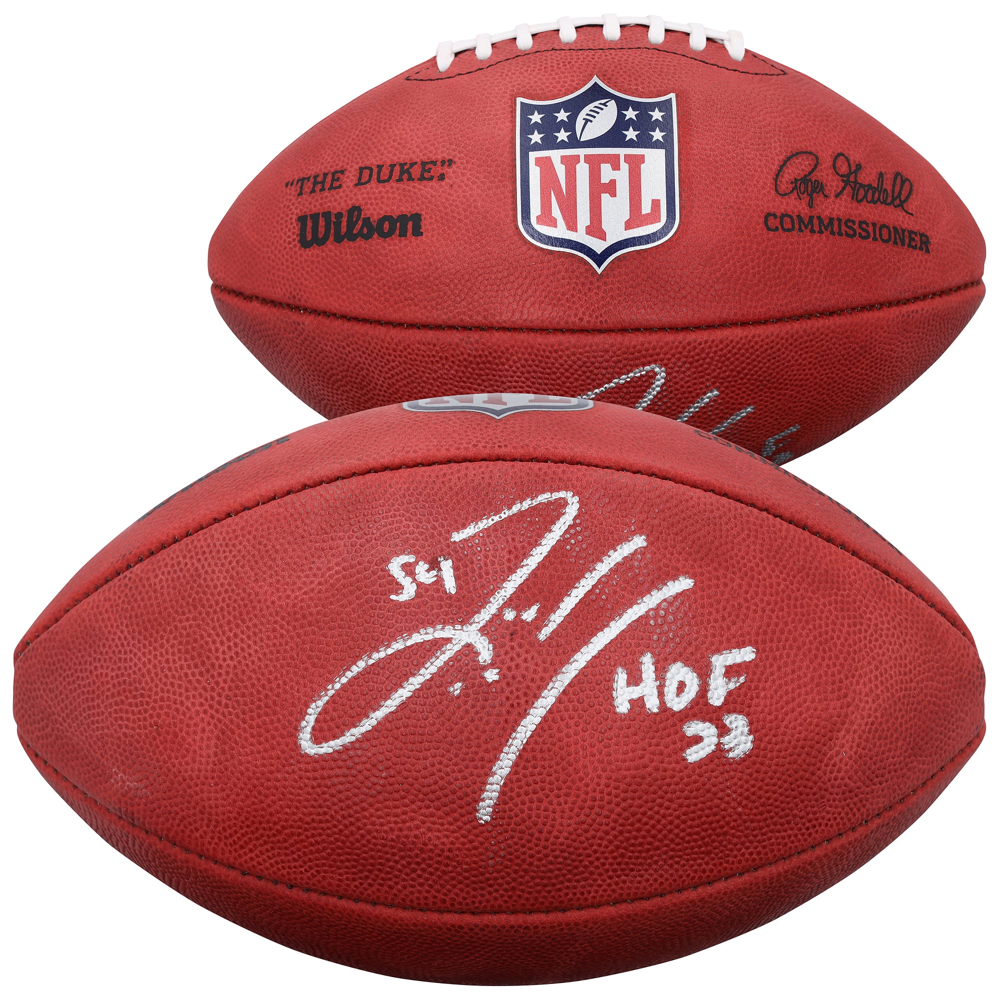 Ballon de football américain Wilson Duke en couleur, autographié par Zach Thomas des Miami Dolphins, avec inscription « HOF 23 ».