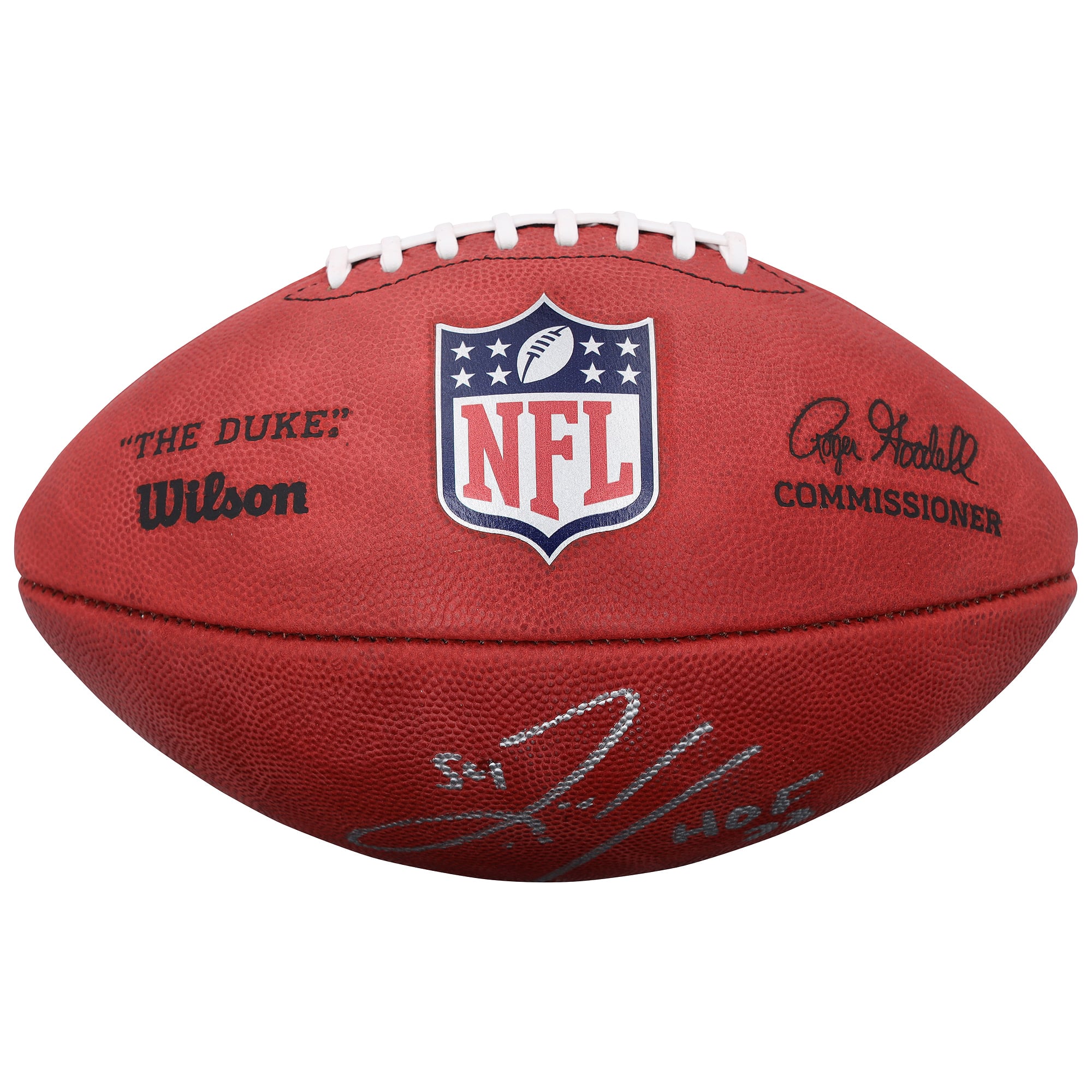 Ballon de football américain Wilson Duke en couleur, autographié par Zach Thomas des Miami Dolphins, avec inscription « HOF 23 ».