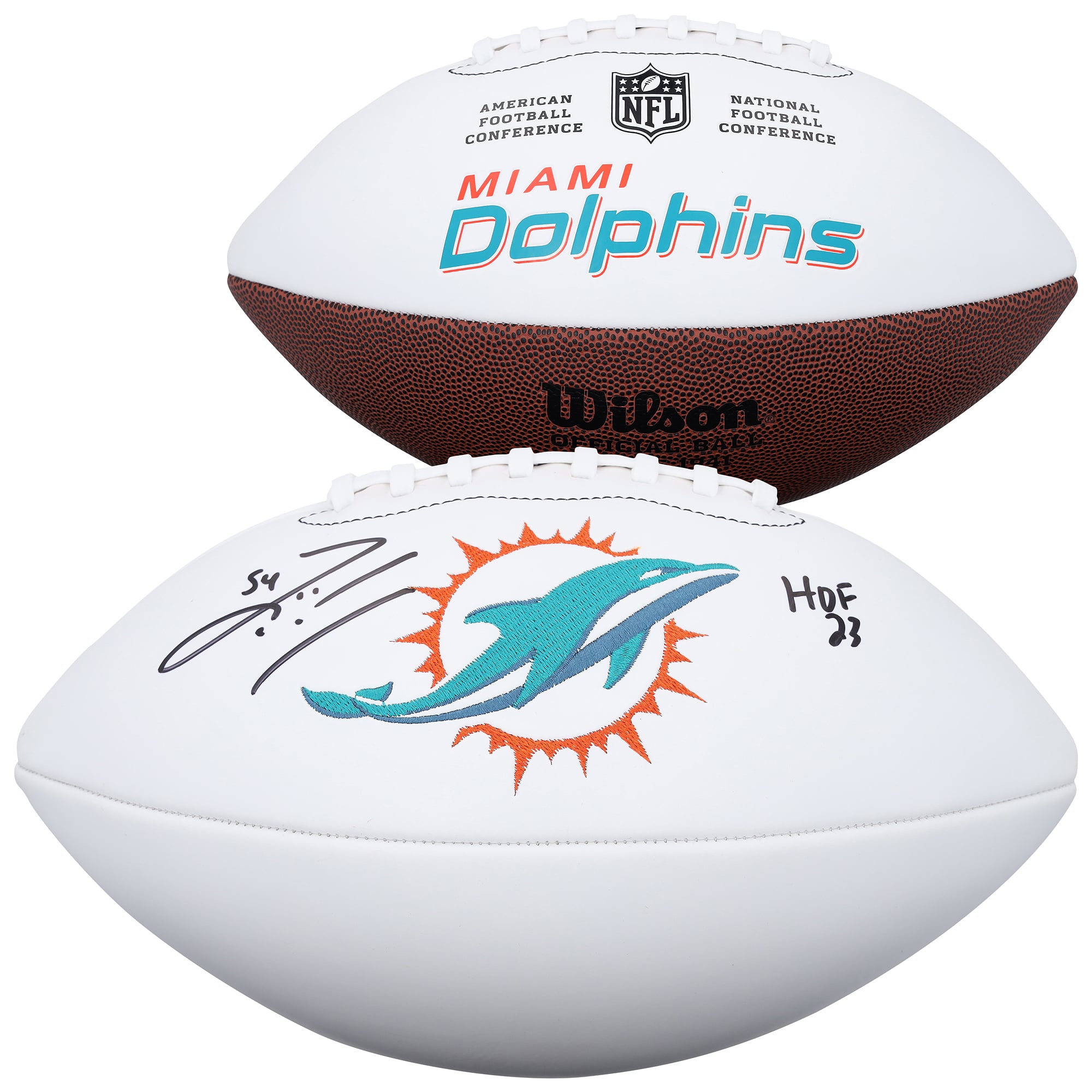 Ballon de football Wilson White Panel autographié par Zach Thomas des Miami Dolphins avec inscription « HOF 23 »