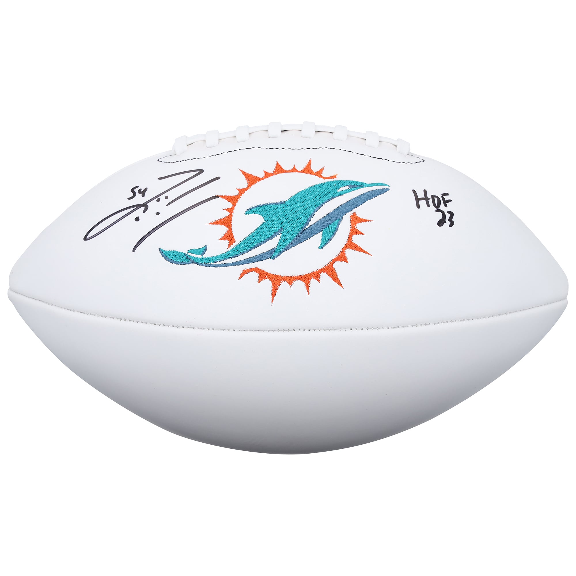 Ballon de football Wilson White Panel autographié par Zach Thomas des Miami Dolphins avec inscription « HOF 23 »