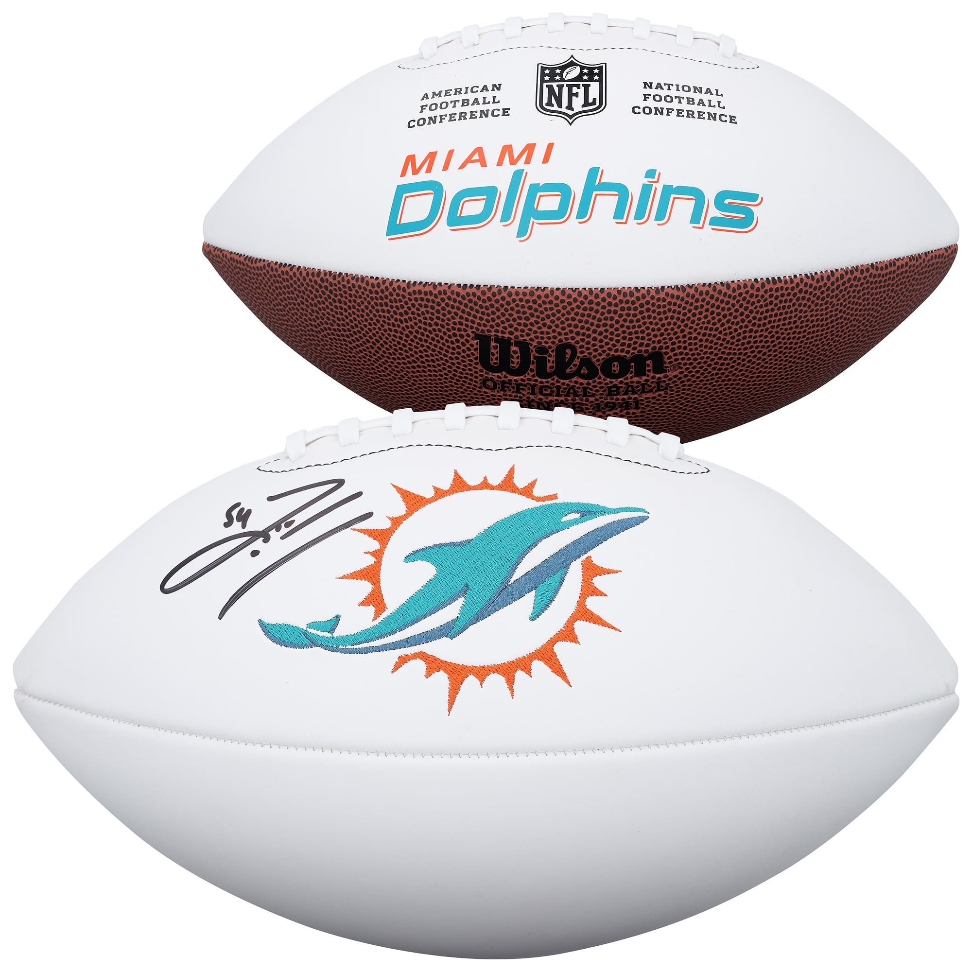Ballon de football Wilson White Panel autographié par Zach Thomas des Dolphins de Miami