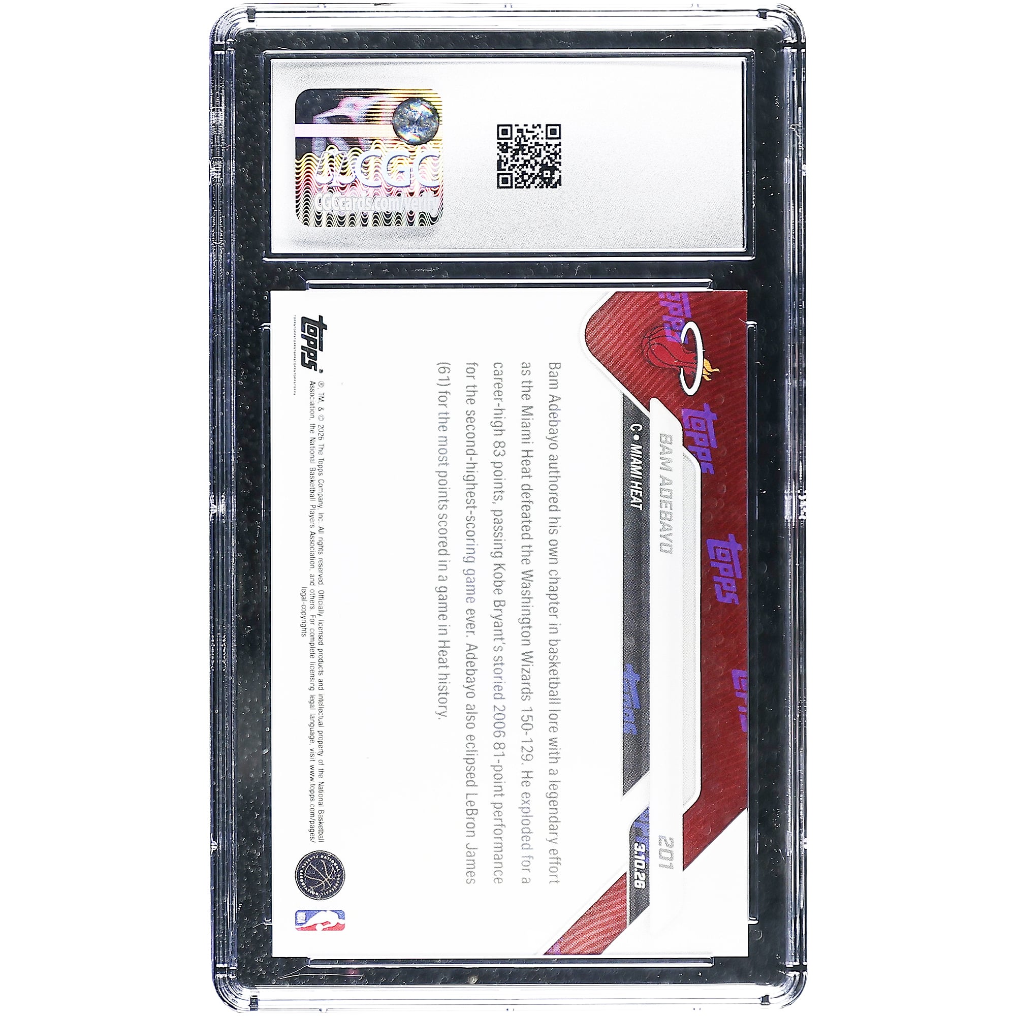 Carte Topps Now 2025-26 de Bam Adebayo (Miami Heat) : 83 points, deuxième meilleur score de tous les temps, n° 201, authentifiée CGC.