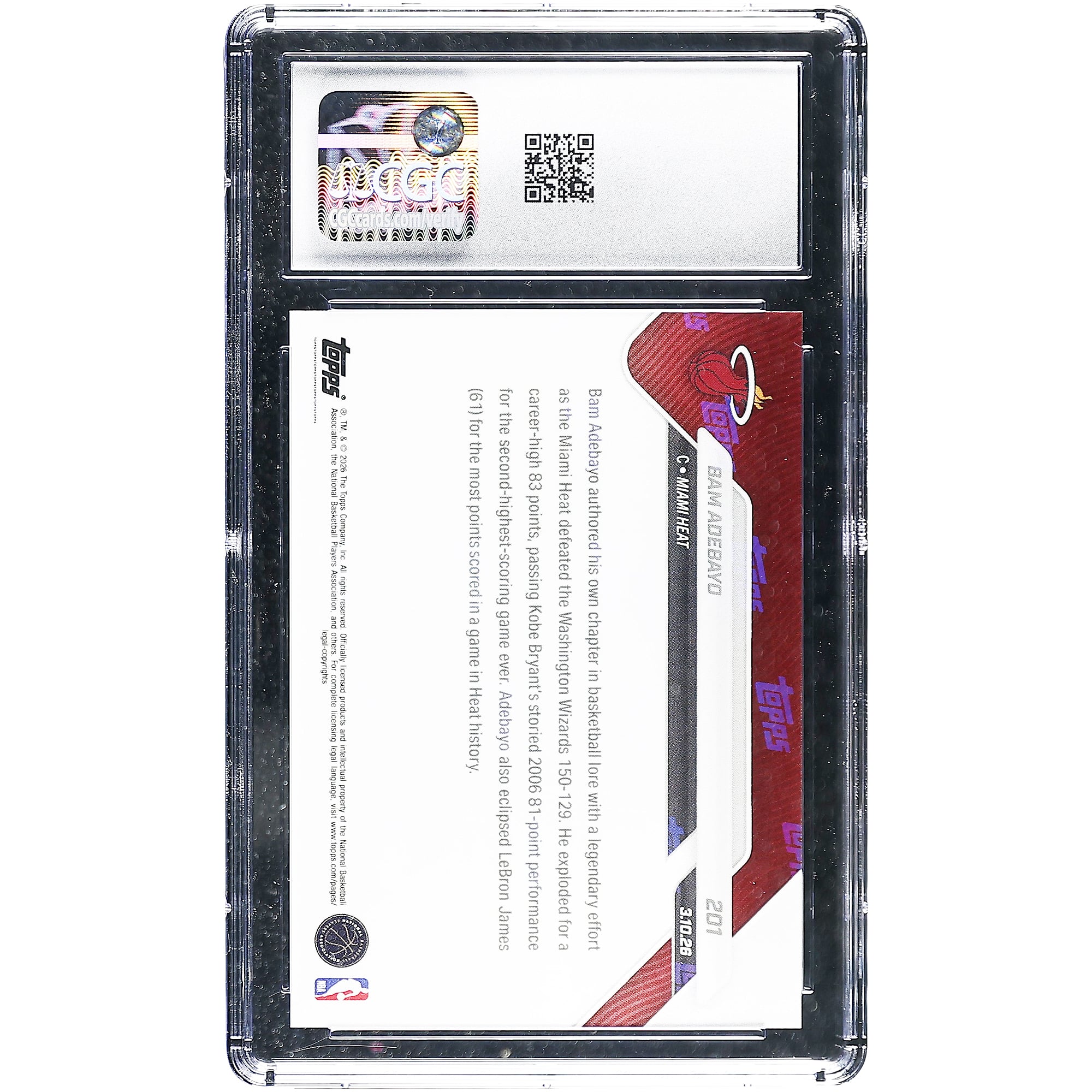 Carte Topps Now 2025-26 de Bam Adebayo (Miami Heat) : 83 points, deuxième meilleur score de tous les temps (n° 201), authentifiée CGC 9.5.