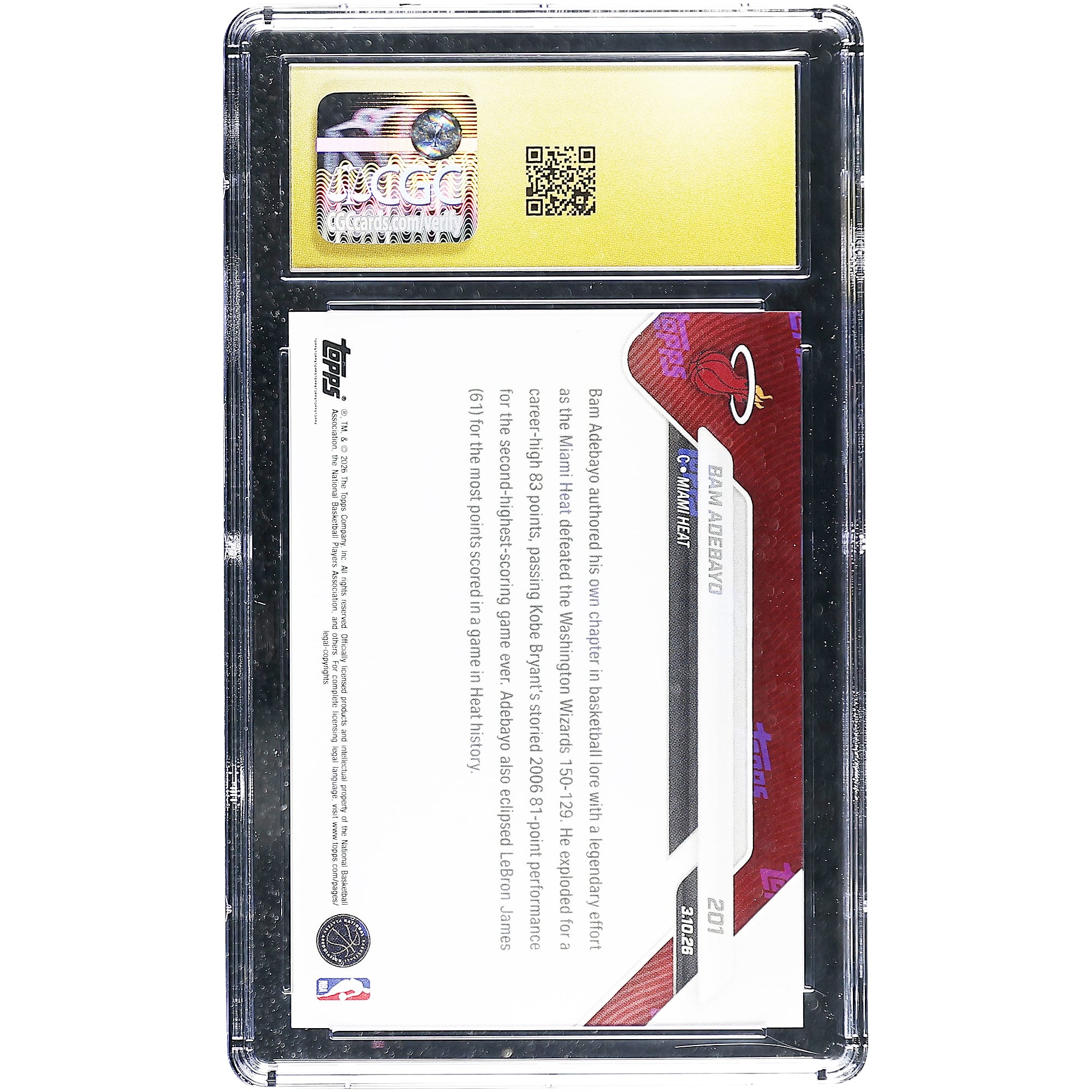 Carte Topps Now 2025-26 de Bam Adebayo (Miami Heat) : 83 points, deuxième meilleur score de tous les temps. N° 201, authentifiée CGC Pristine 10.