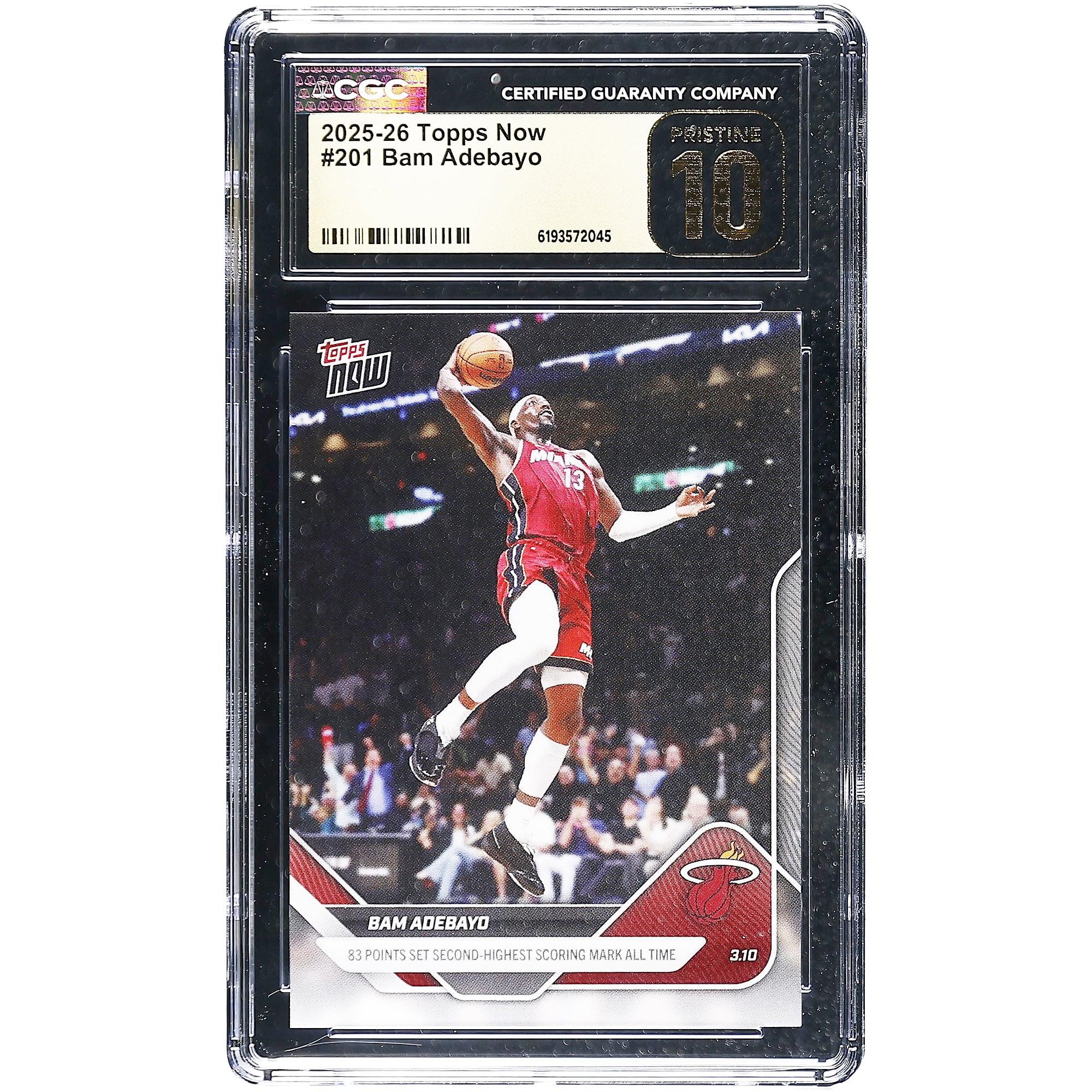 Carte Topps Now 2025-26 de Bam Adebayo (Miami Heat) : 83 points, deuxième meilleur score de tous les temps. N° 201, authentifiée CGC Pristine 10.