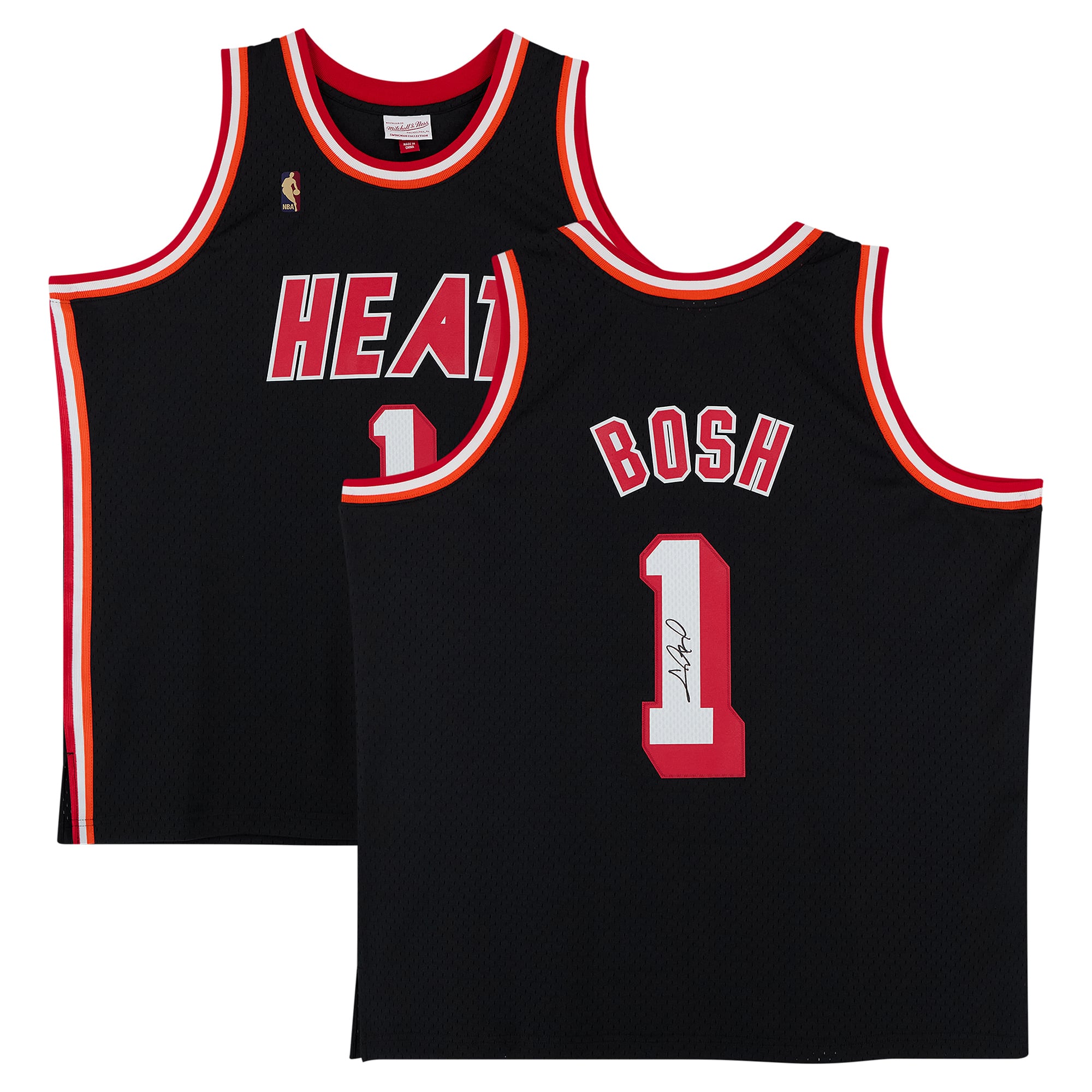 Maillot Swingman noir Mitchell & Ness Hardwood Classics 2013-14 autographié par Chris Bosh (Miami Heat)