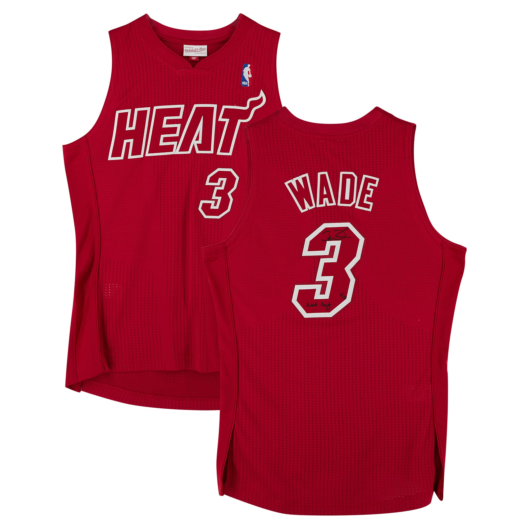 Maillot authentique Mitchell & Ness édition Noël 2012, rouge, autographié par Dwyane Wade (Miami Heat), avec inscription « Wade County