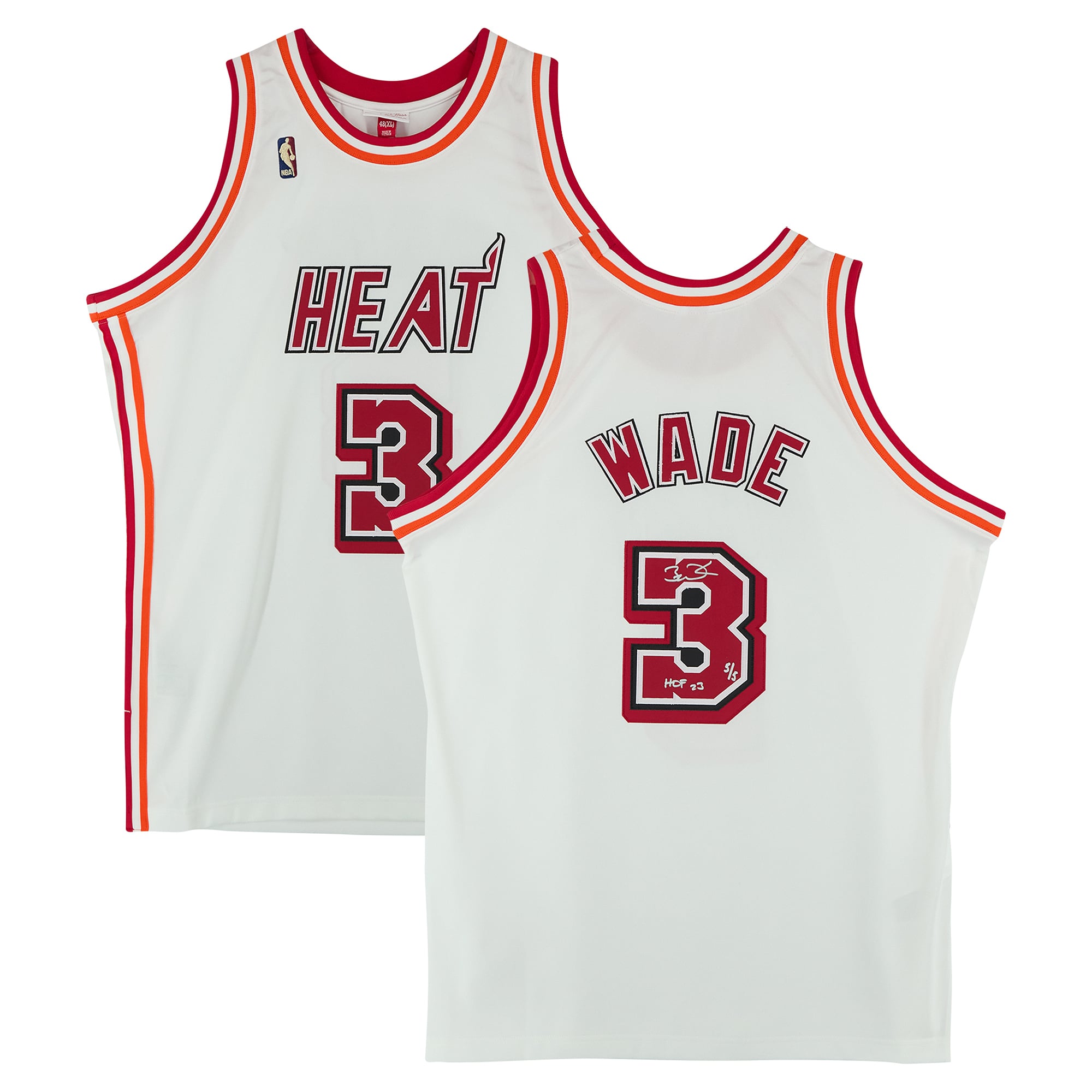 Maillot authentique Mitchell & Ness Hardwood Classics 2007 blanc, autographié par Dwyane Wade (Miami Heat), avec inscription « HOF 23 » - Édition limitée n° 5/5