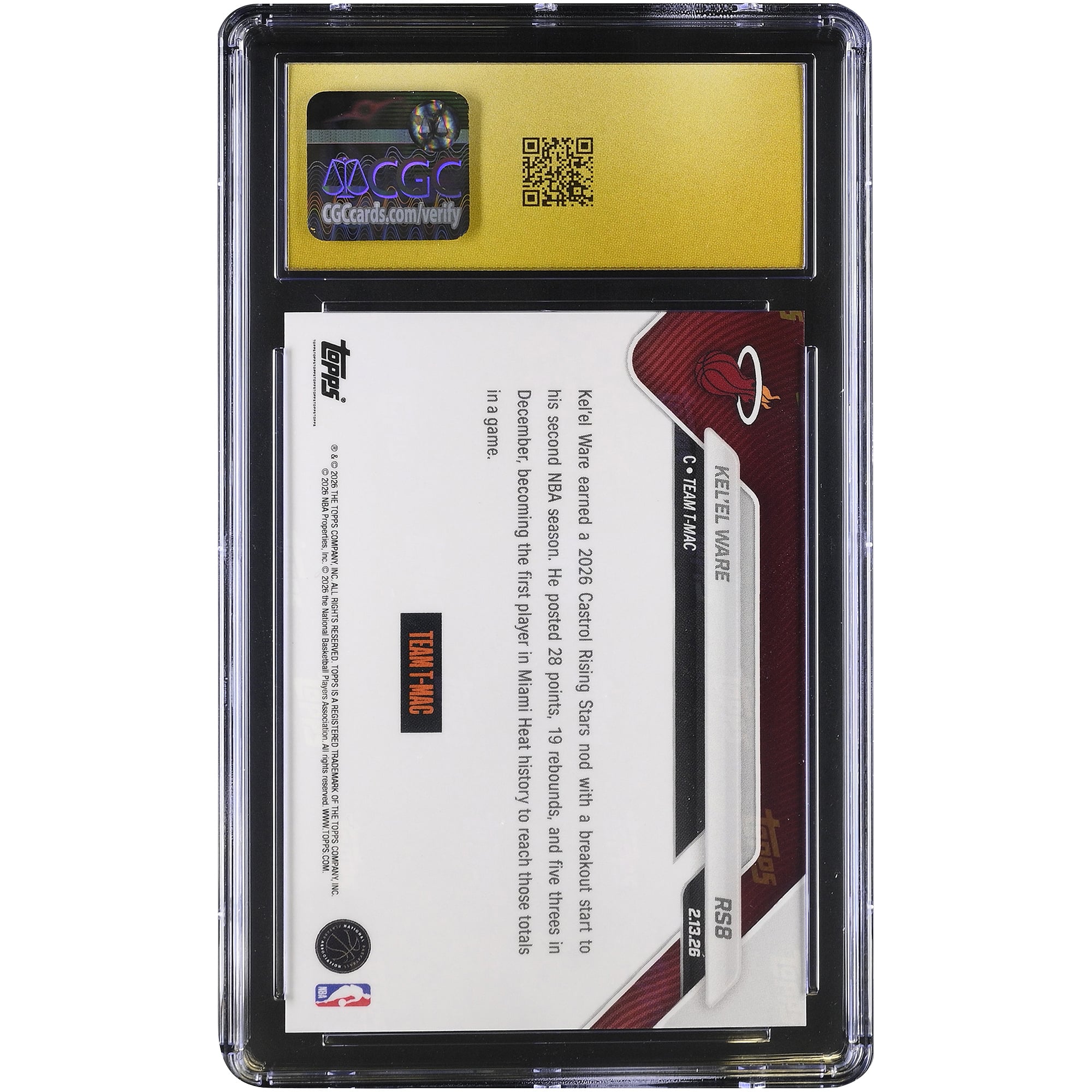 Kel'el Ware Miami Heat 2025-26 Topps Now Rising Stars #RS8 CGC Authenticated PRISTINE 10 Card
