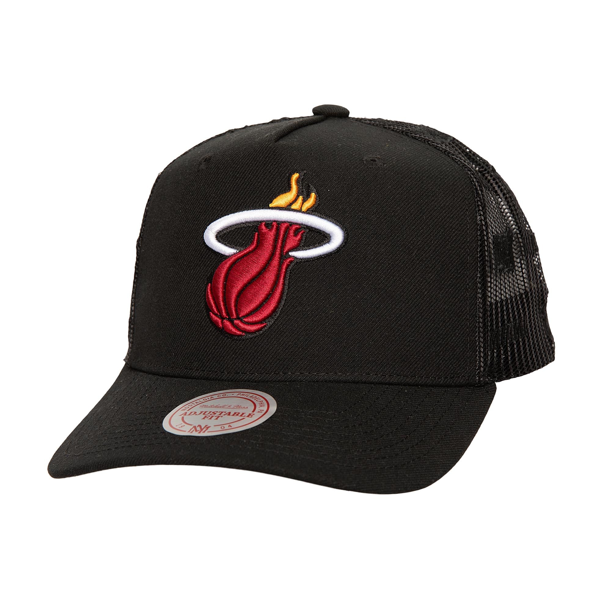Men's Miami Heat Mitchell & Ness Black Monogram Allover Logo Mesh Trucker Adjustable Hat