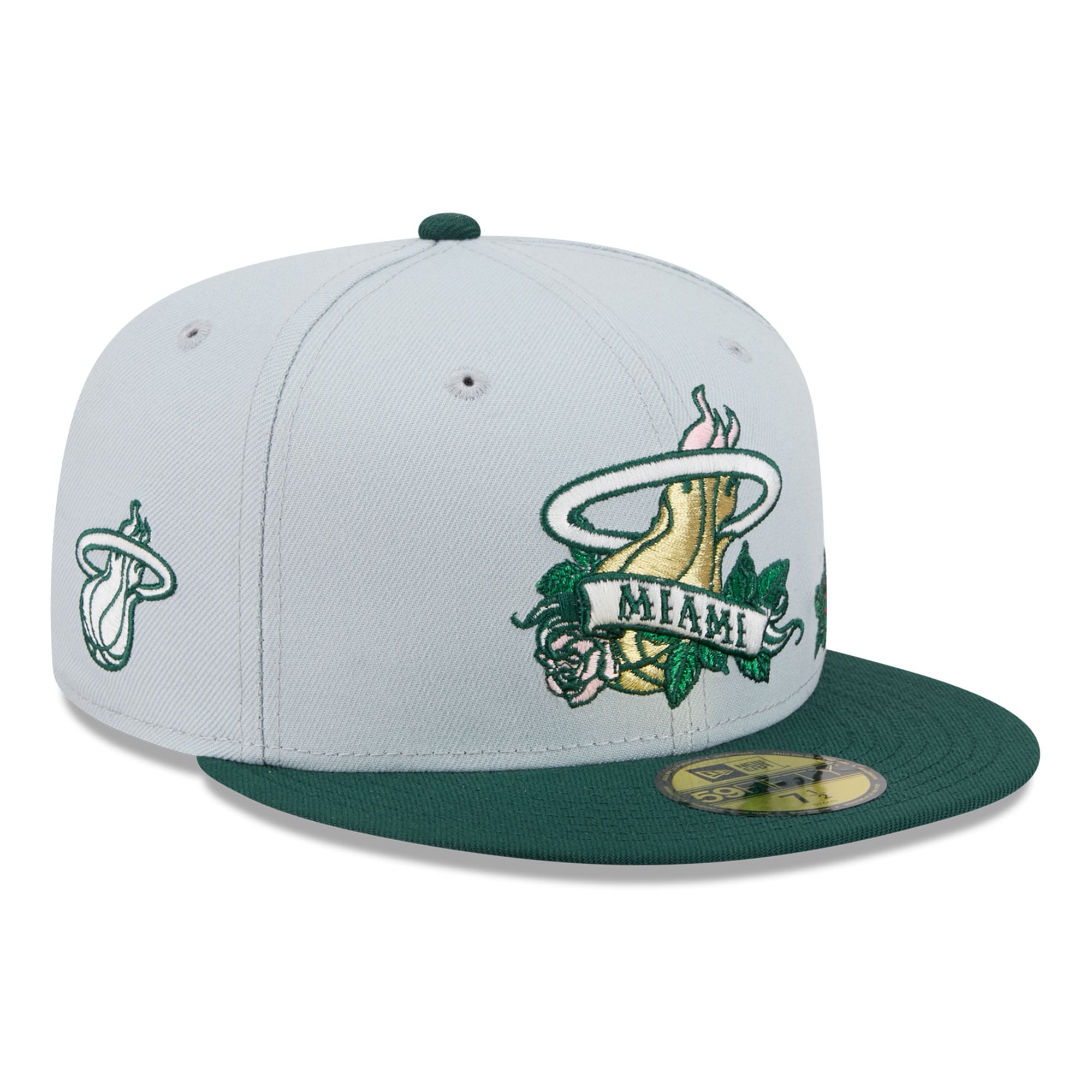 Casquette ajustée New Era 59FIFTY pour homme, grise et verte, Miami Heat Rose Banner