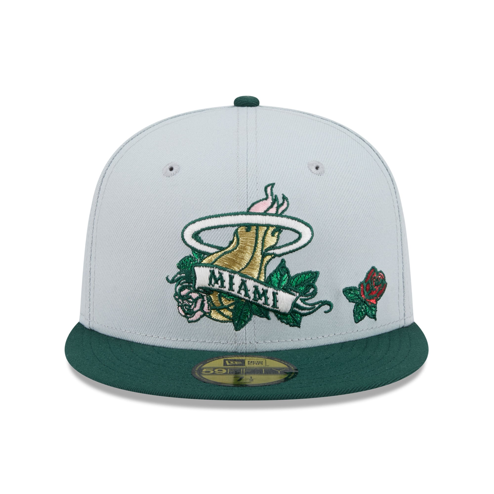 Casquette ajustée New Era 59FIFTY pour homme, grise et verte, Miami Heat Rose Banner