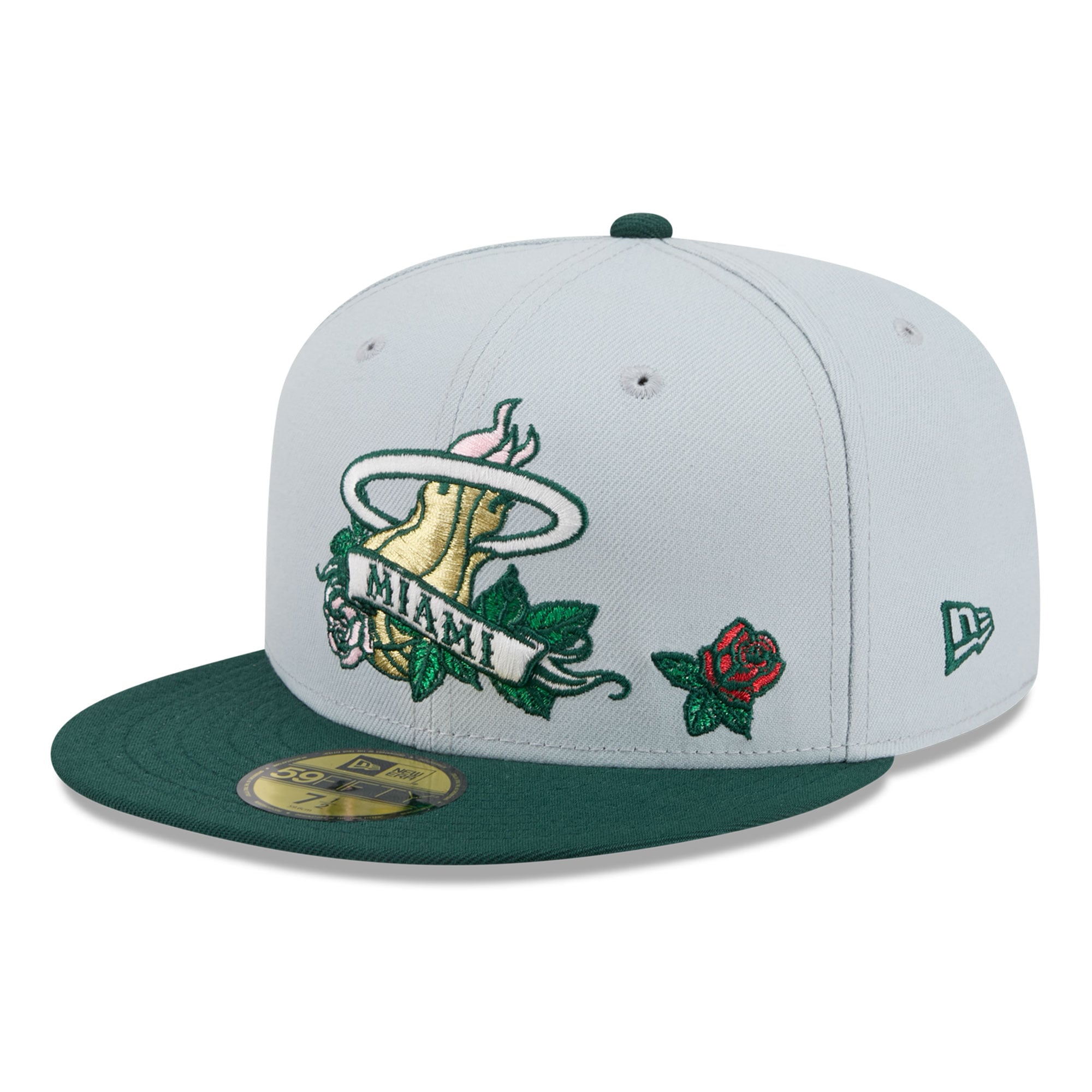 Casquette ajustée New Era 59FIFTY pour homme, grise et verte, Miami Heat Rose Banner