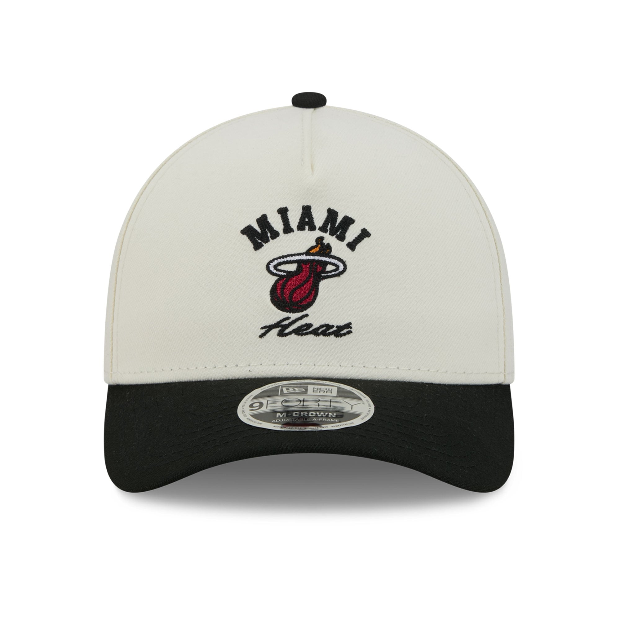 Casquette New Era pour homme, blanche et noire, Miami Heat Arch 9FORTY, style A-Frame, couronne ajustable.