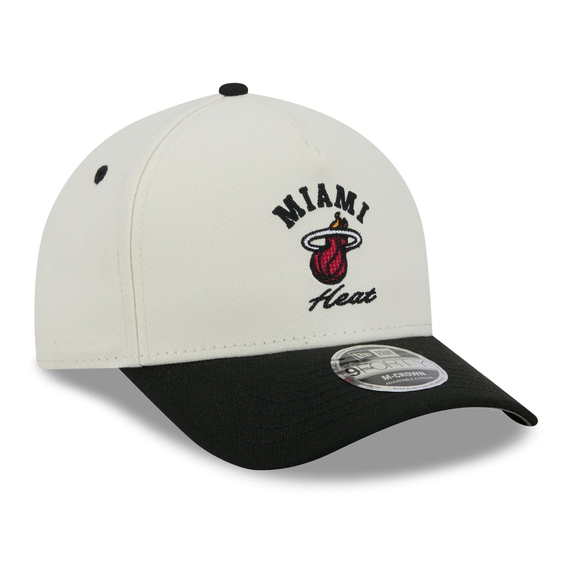 Casquette New Era pour homme, blanche et noire, Miami Heat Arch 9FORTY, style A-Frame, couronne ajustable.
