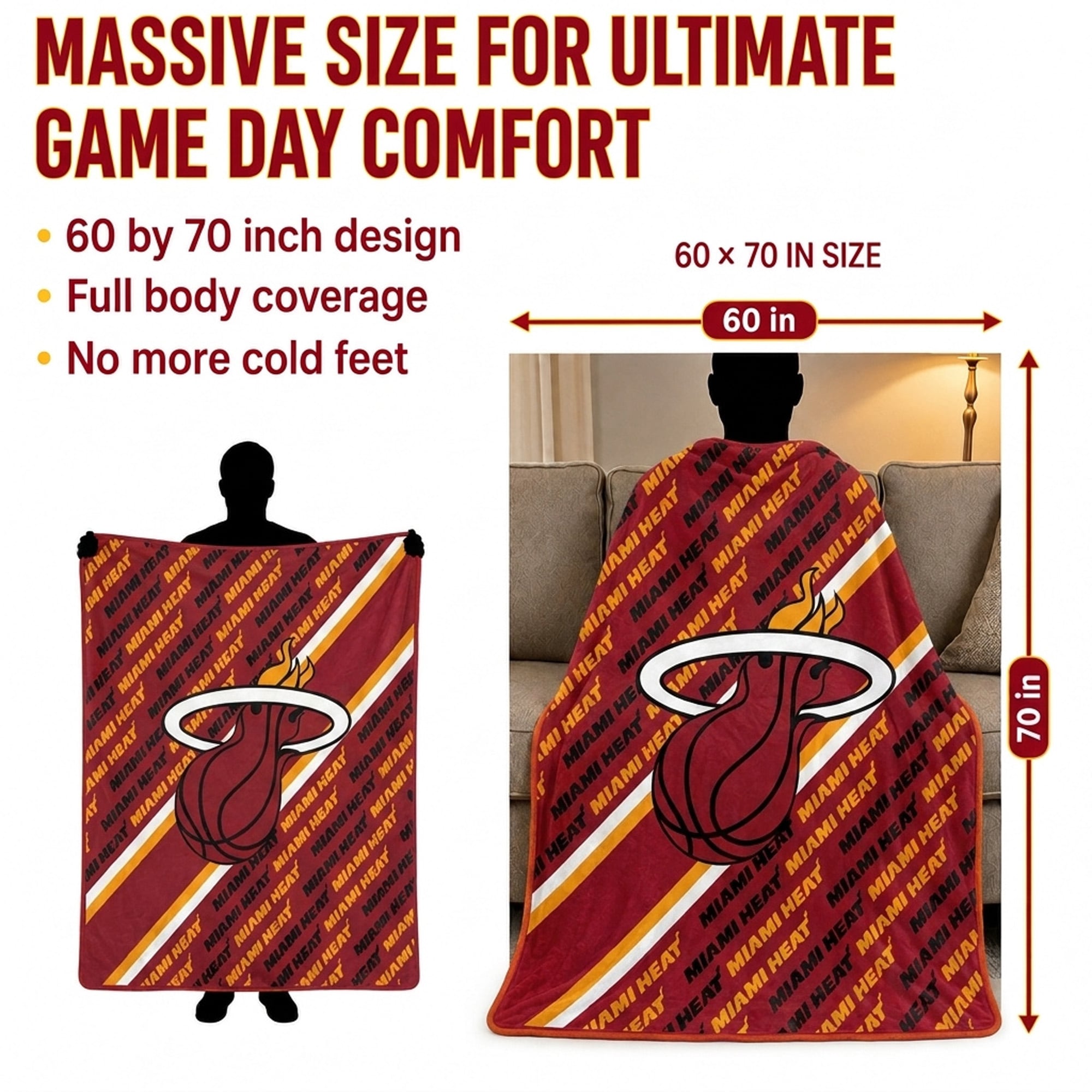 Couverture ultra douce Pegasus Miami Heat 60" x 70" (diagonale) avec logo et doublure