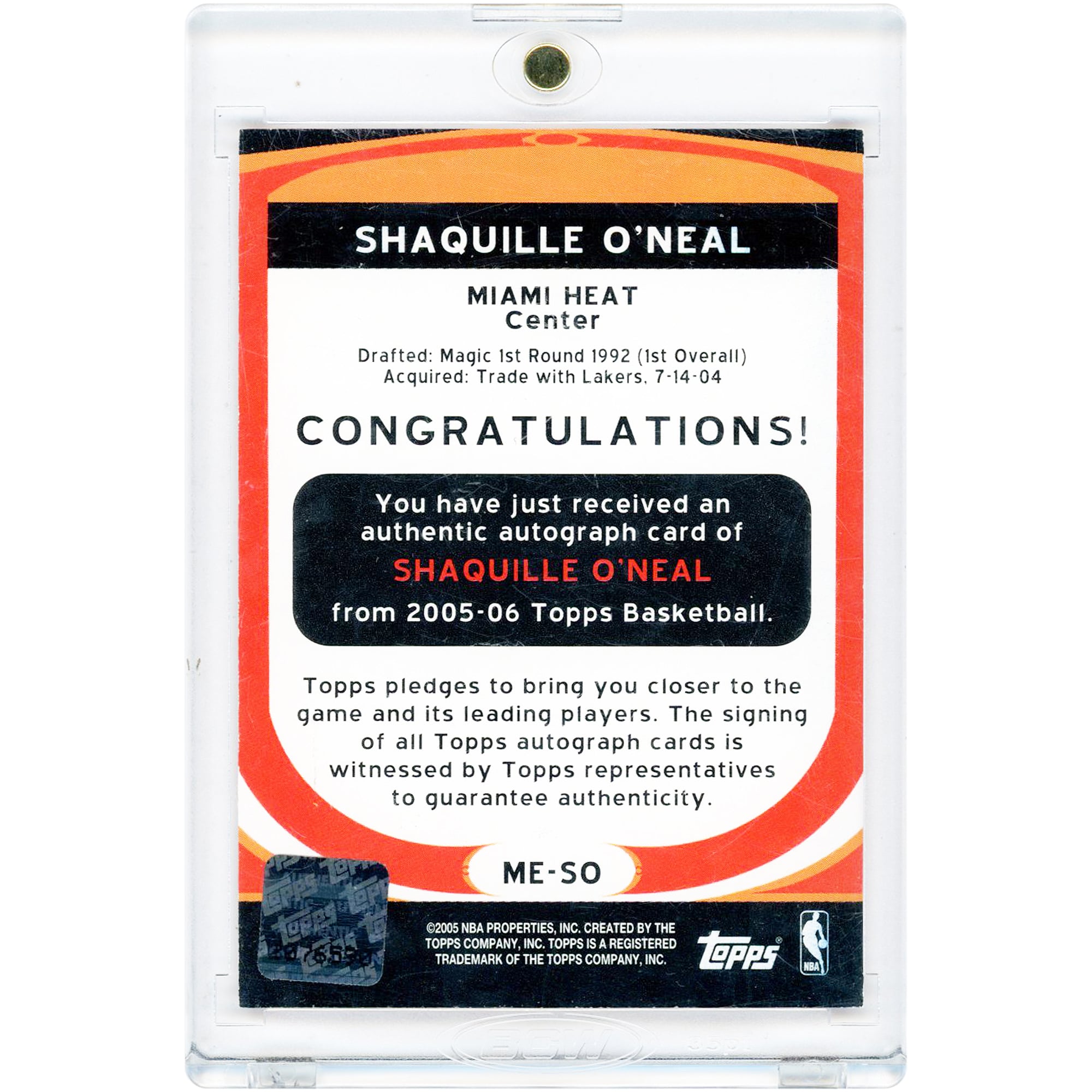 Shaquille O'Neal Miami Heat Autographed 2005-06 Topps Marks Of Excellence #ME-SO Card