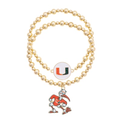 Miami Hurricanes CANVAS Style Stretch Ball Bead Bracelet Set of Two