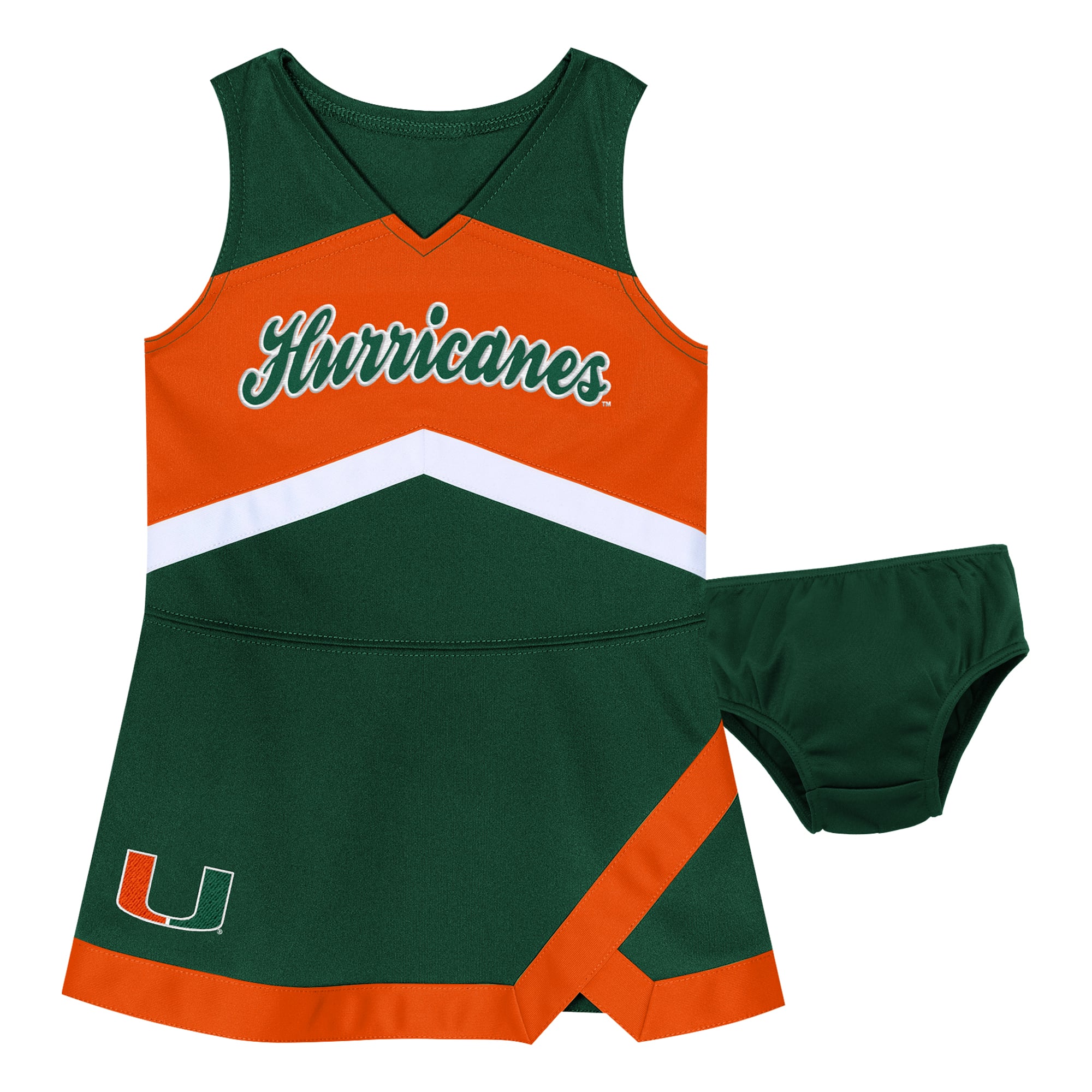 Ensemble robe-salopette et bloomer deux pièces vert Miami Hurricanes pour filles d'âge préscolaire Outerstuff, style capitaine de cheerleading.