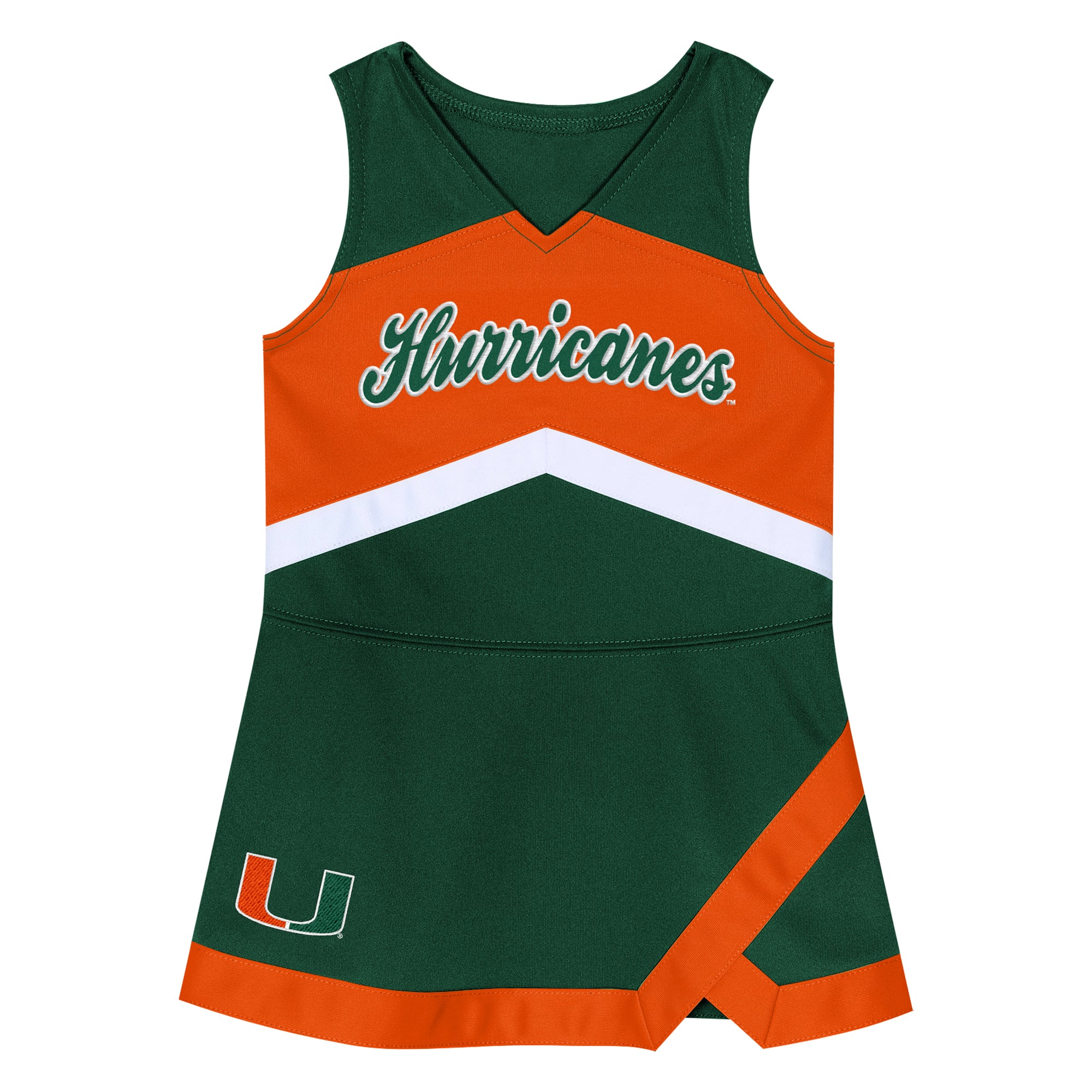 Ensemble robe-salopette et bloomer deux pièces vert Miami Hurricanes pour filles d'âge préscolaire Outerstuff, style capitaine de cheerleading.