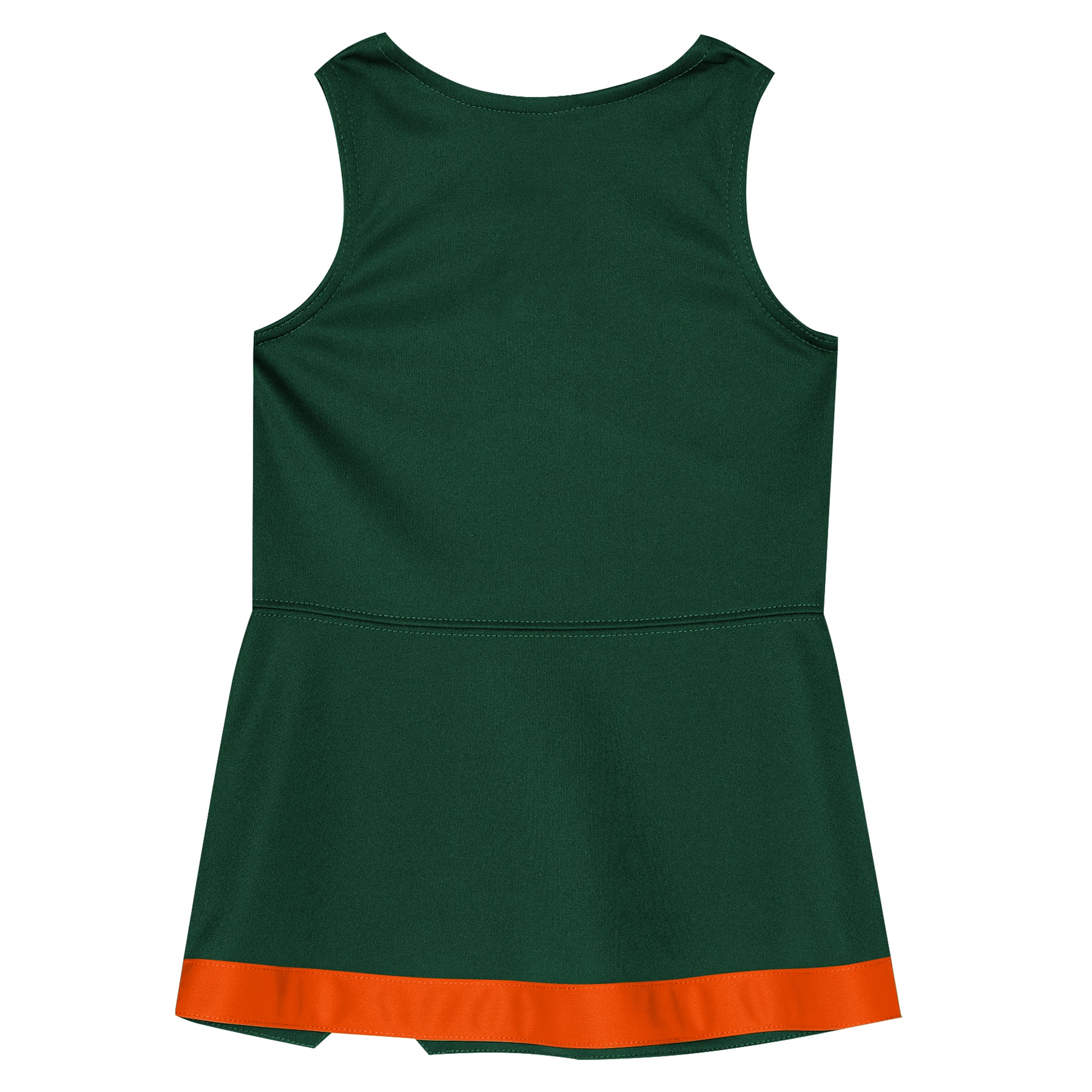Ensemble robe-salopette et bloomer deux pièces vert Miami Hurricanes pour filles d'âge préscolaire Outerstuff, style capitaine de cheerleading.