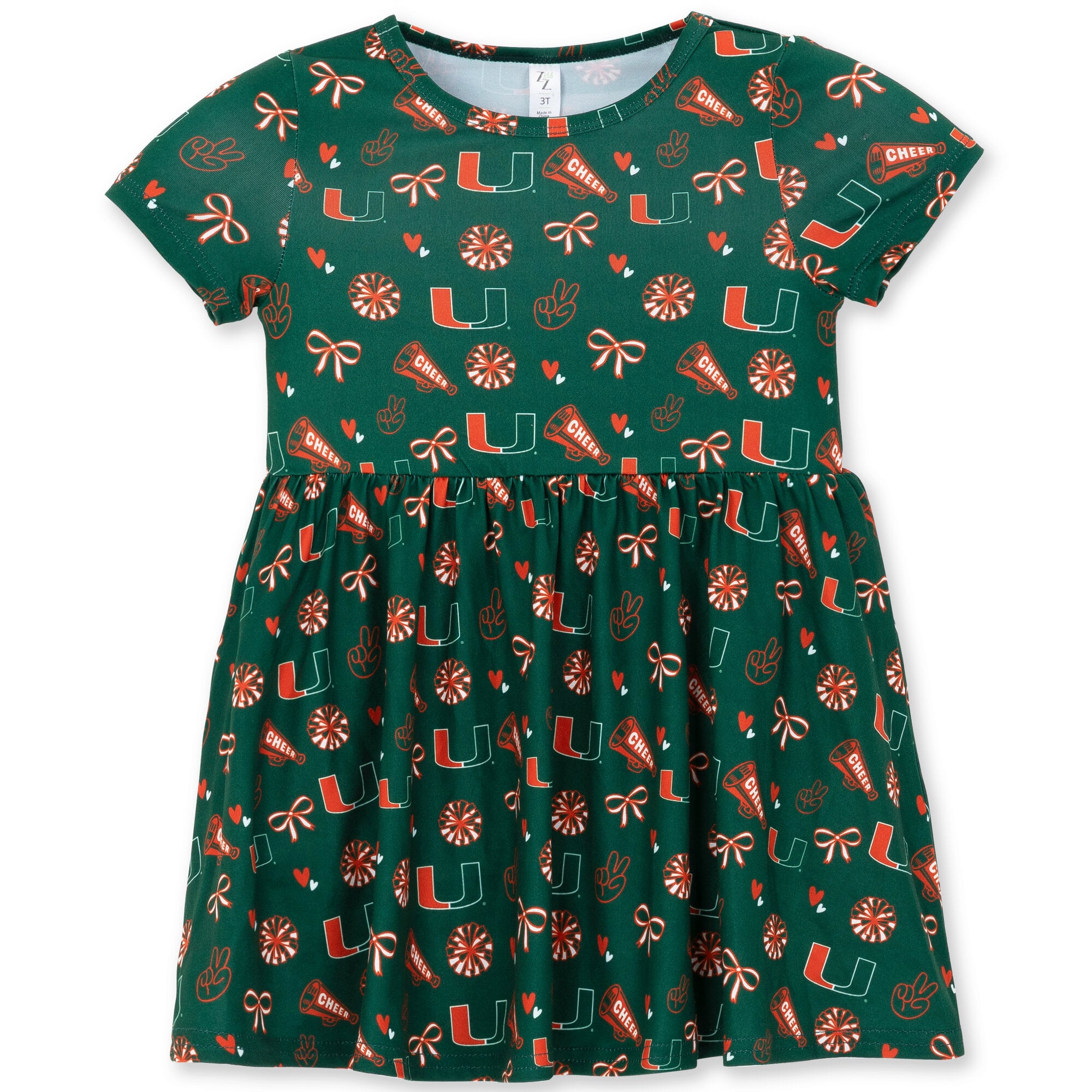 Robe à manches courtes ZooZatz verte imprimé intégral Miami Hurricanes pour petites filles