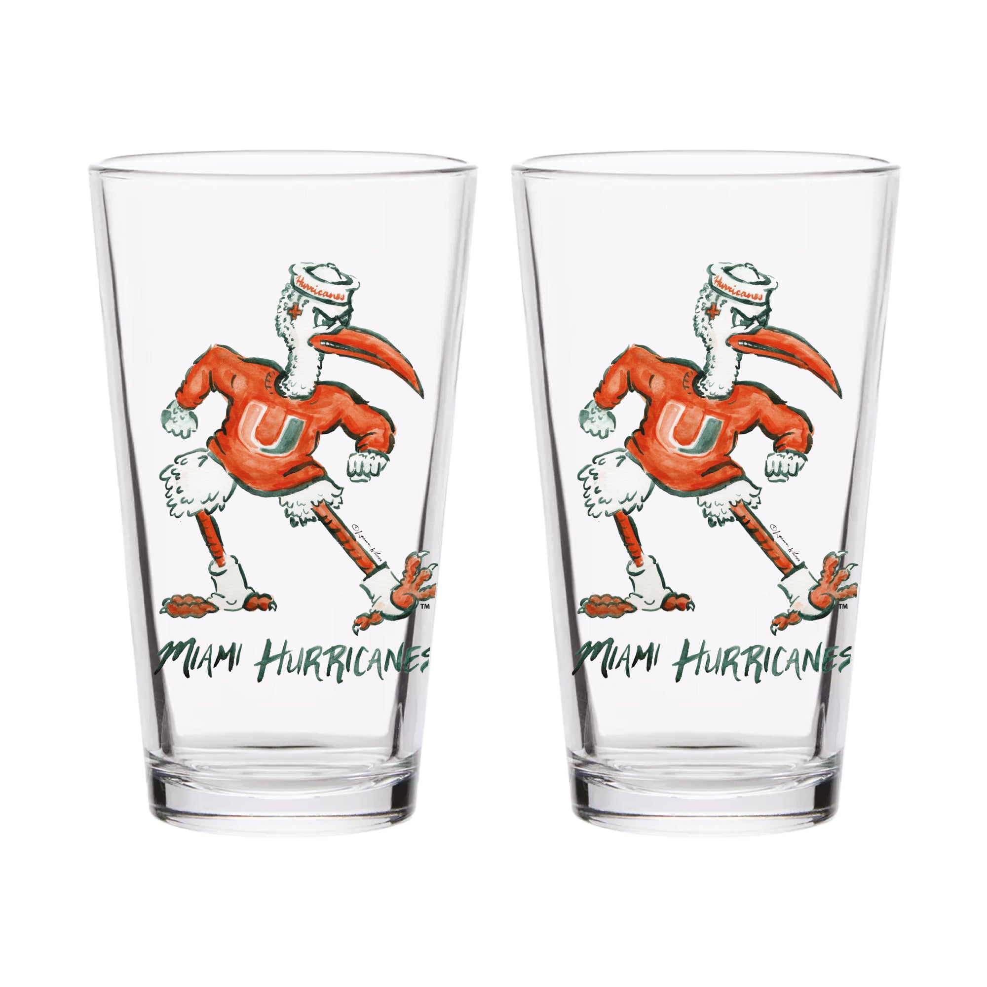 Ensemble de 2 verres à bière Indigo Falls Miami Hurricanes à l'effigie de Laura Wilcox, la mascotte.