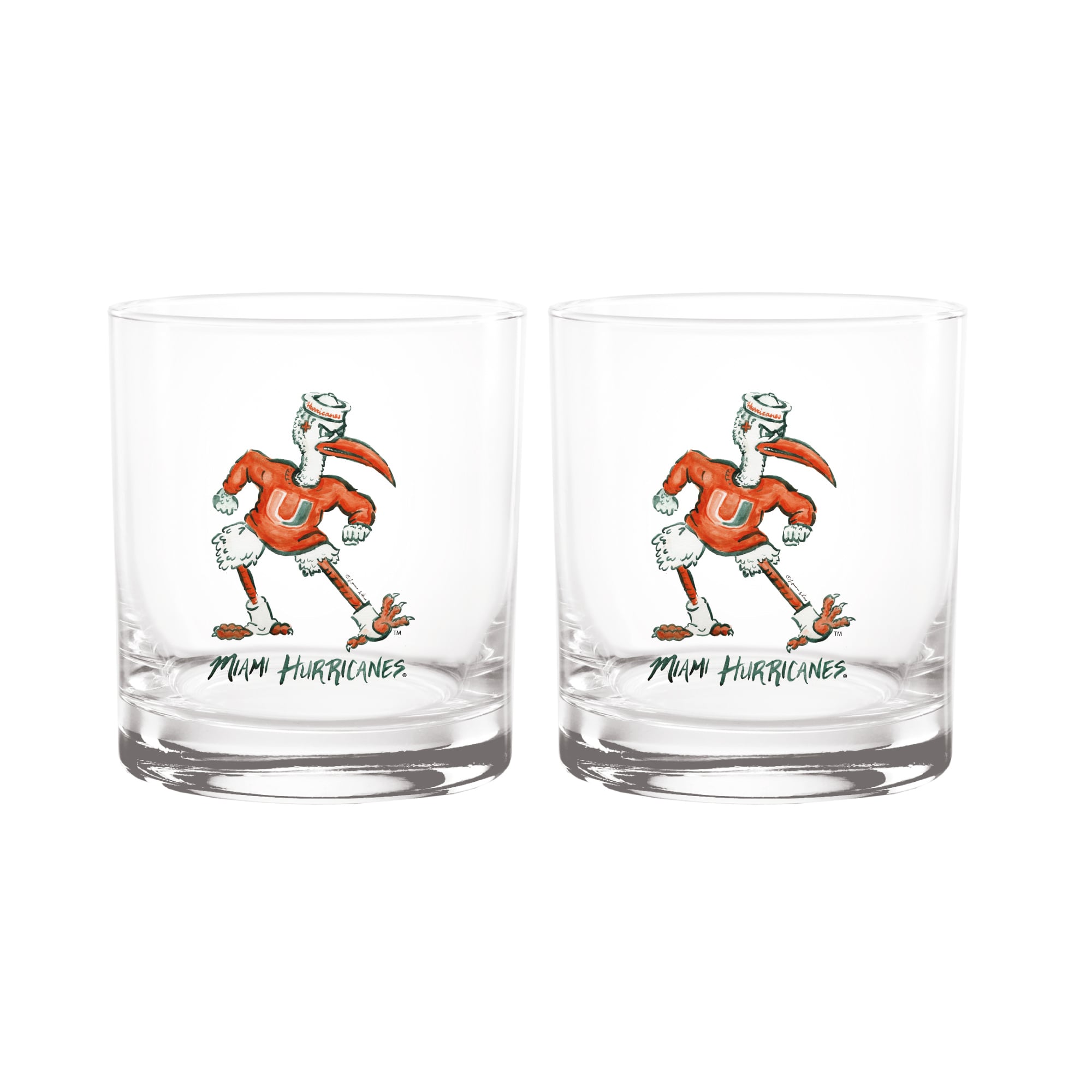 Ensemble de 2 verres à whisky Indigo Falls Miami Hurricanes, mascotte Laura Wilcox