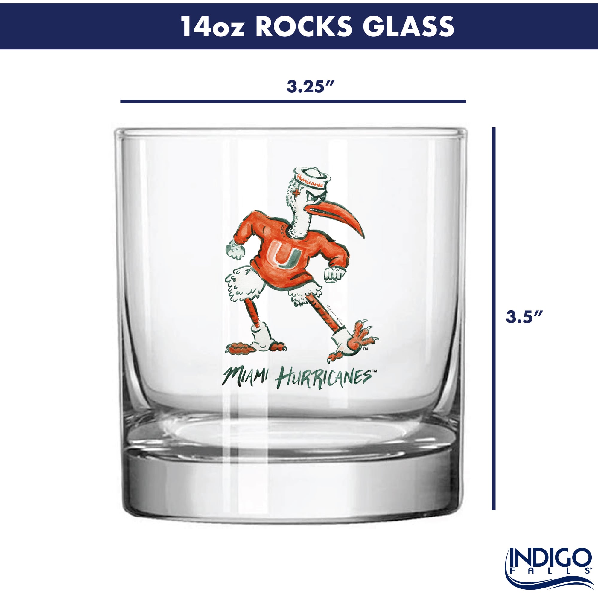 Ensemble de 2 verres à whisky Indigo Falls Miami Hurricanes, mascotte Laura Wilcox