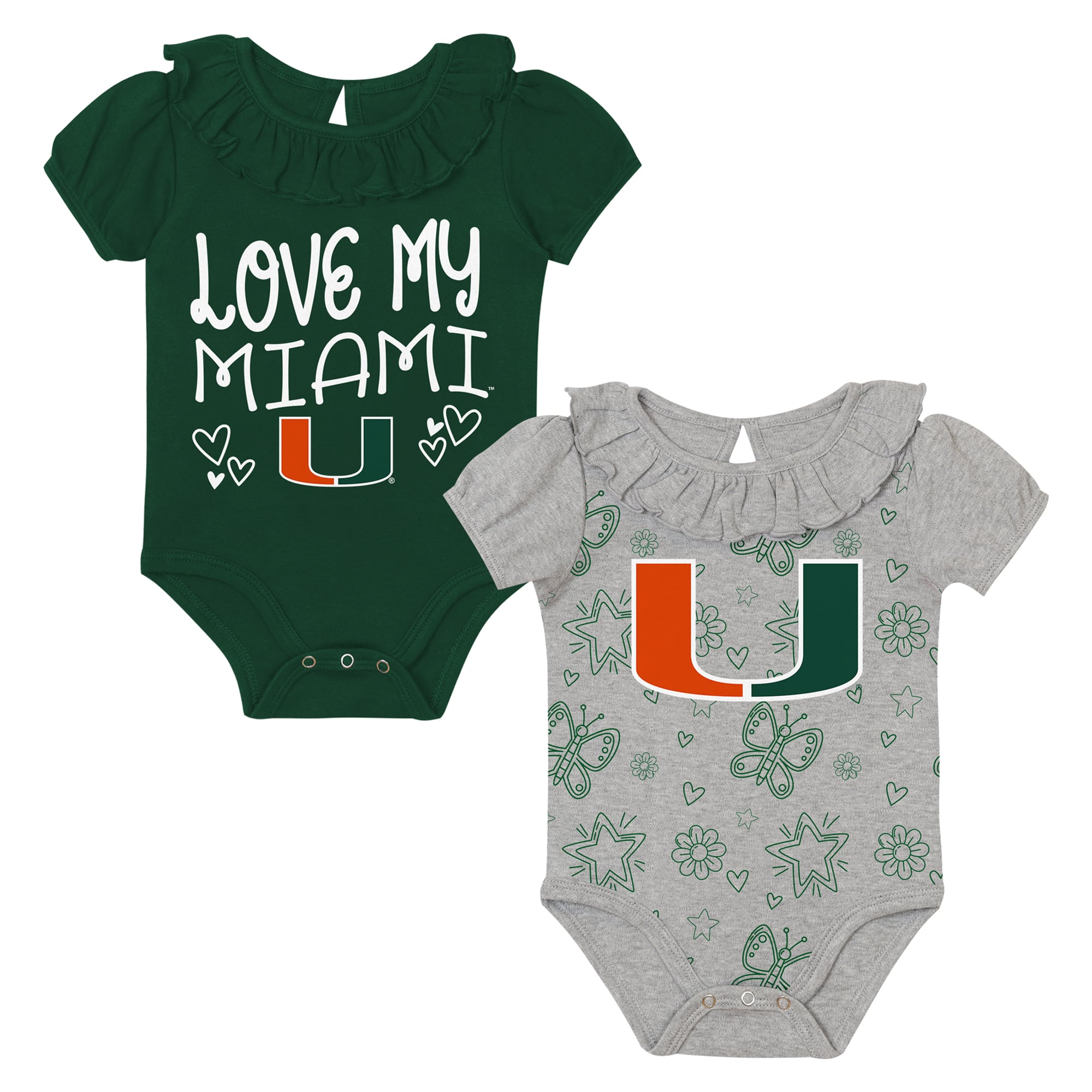 Infant Outerstuff  Green/Gray Miami Hurricanes Two-Pack Playtime Ruffle Bodysuit Set