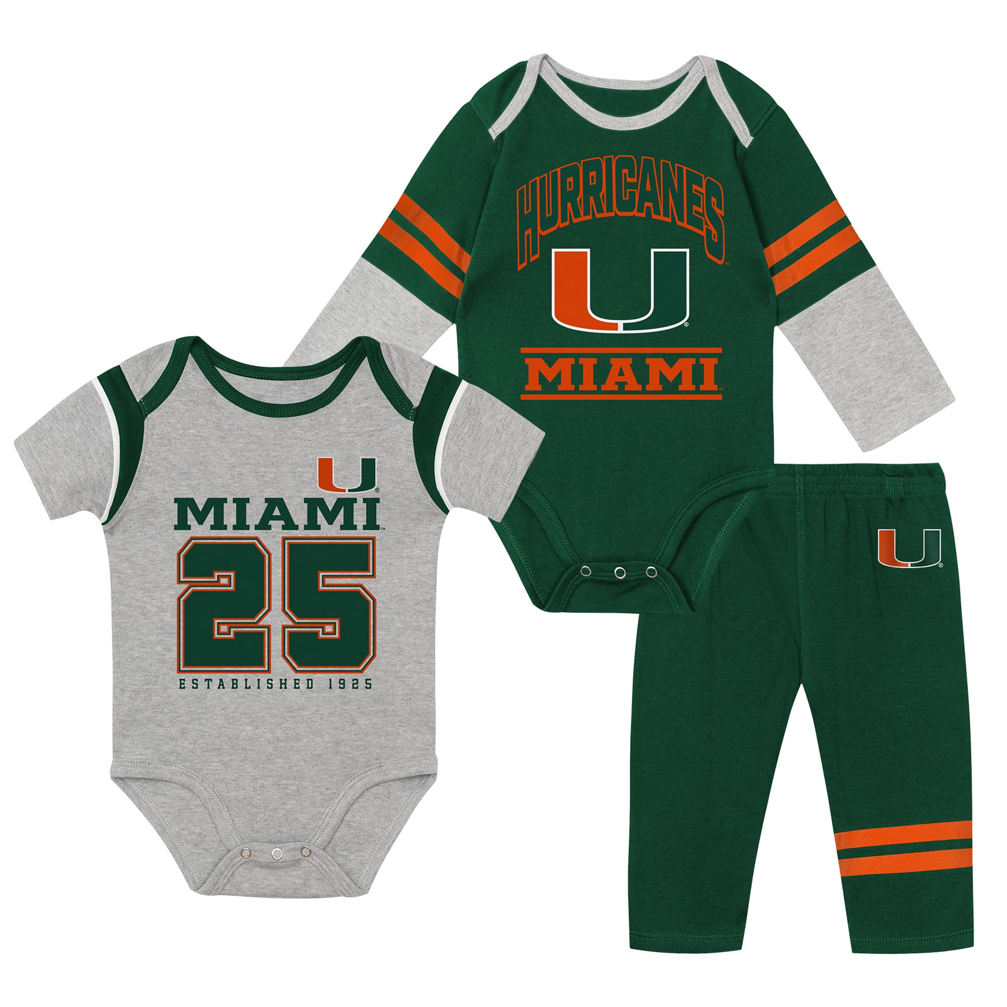 Infant Outerstuff Miami Hurricanes Double Up Three-Piece Bodysuits & Pants Set