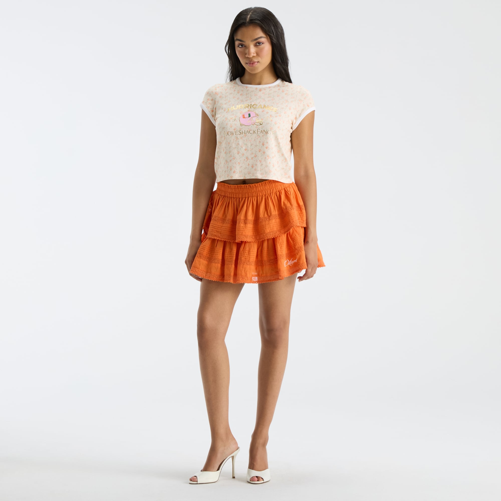 Jupe courte à volants orange Miami Hurricanes pour femme de LoveShackFancy