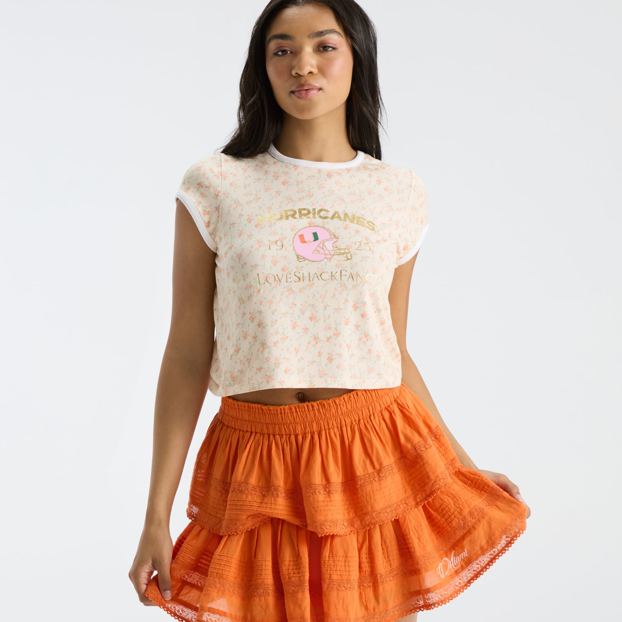 Jupe courte à volants orange Miami Hurricanes pour femme de LoveShackFancy