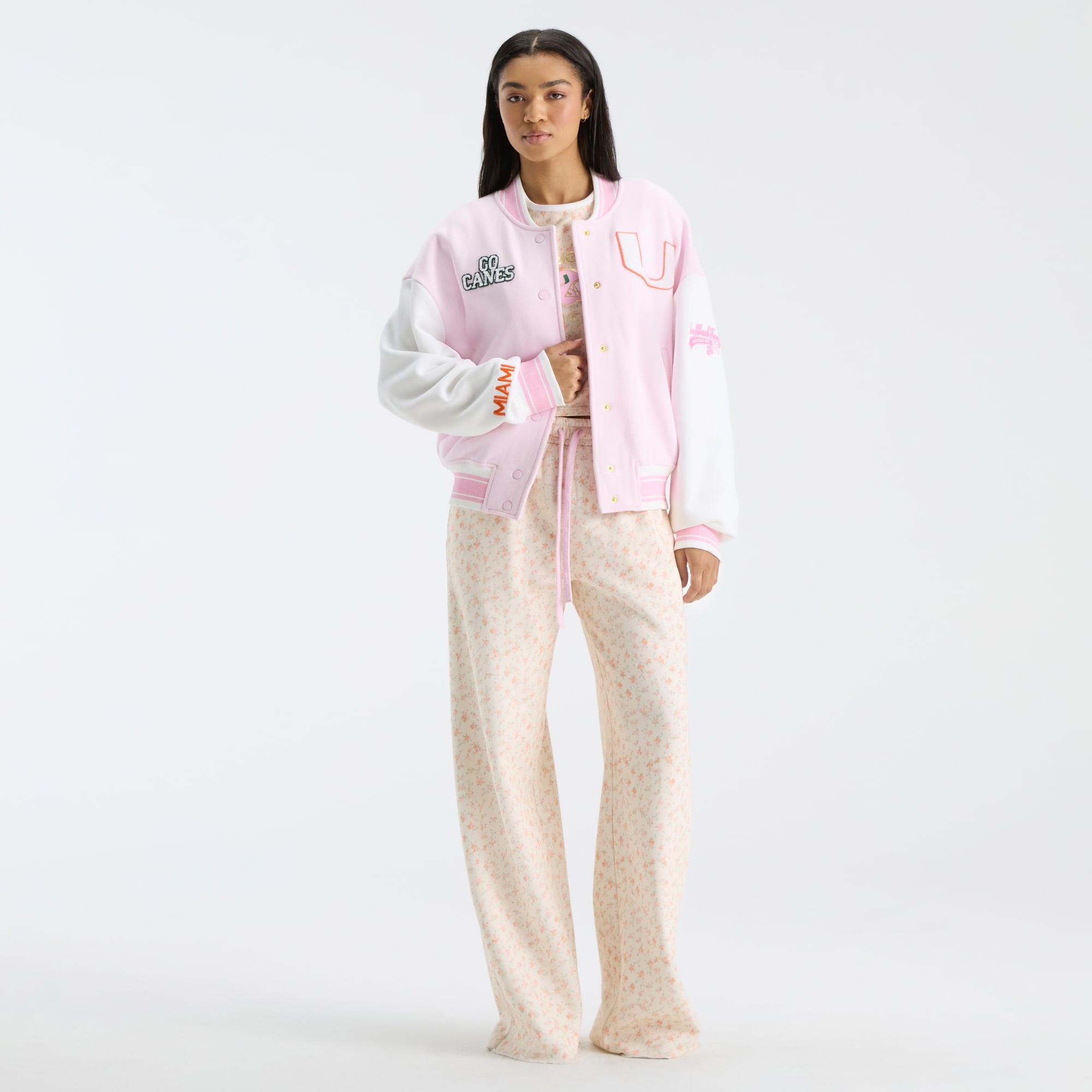 LoveShackFancy Women's Pink Miami Hurricanes Collegiate Varsity Full-Snap Jacket