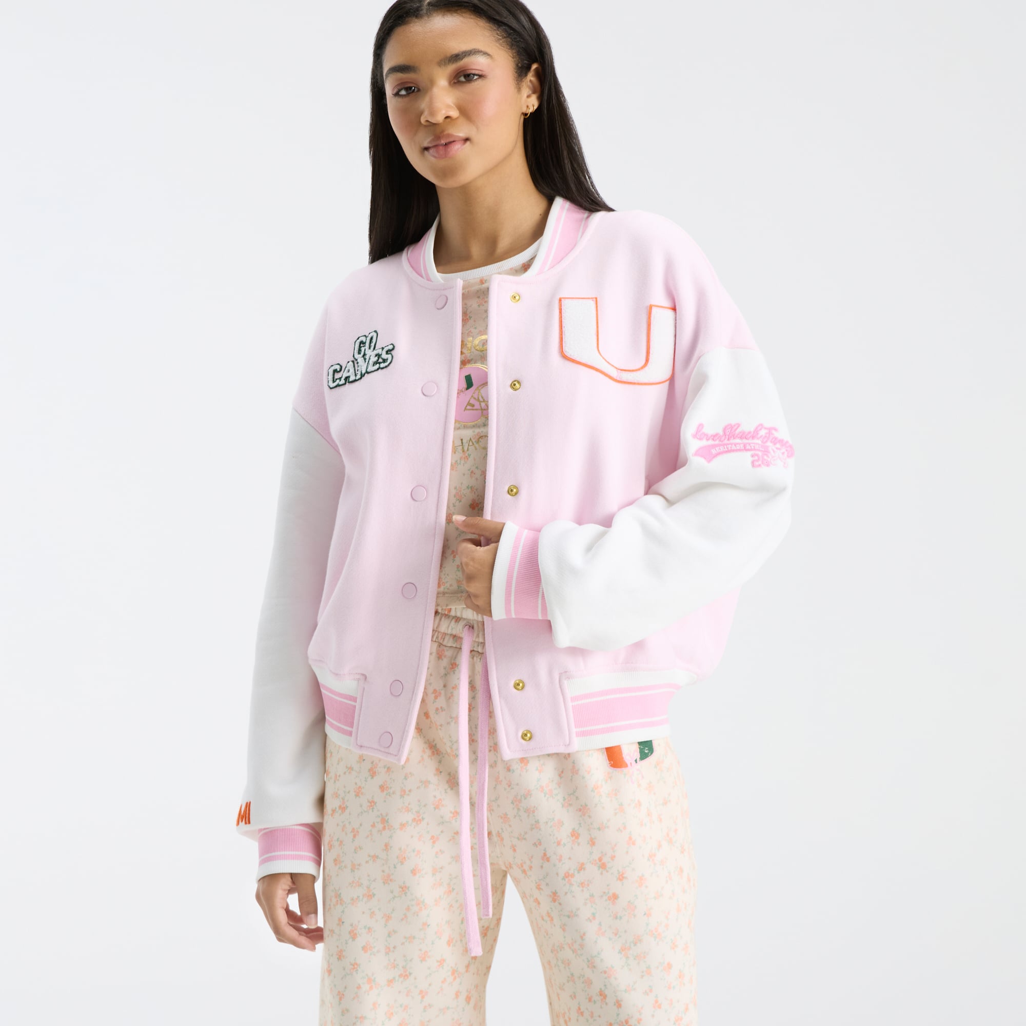 LoveShackFancy Women's Pink Miami Hurricanes Collegiate Varsity Full-Snap Jacket