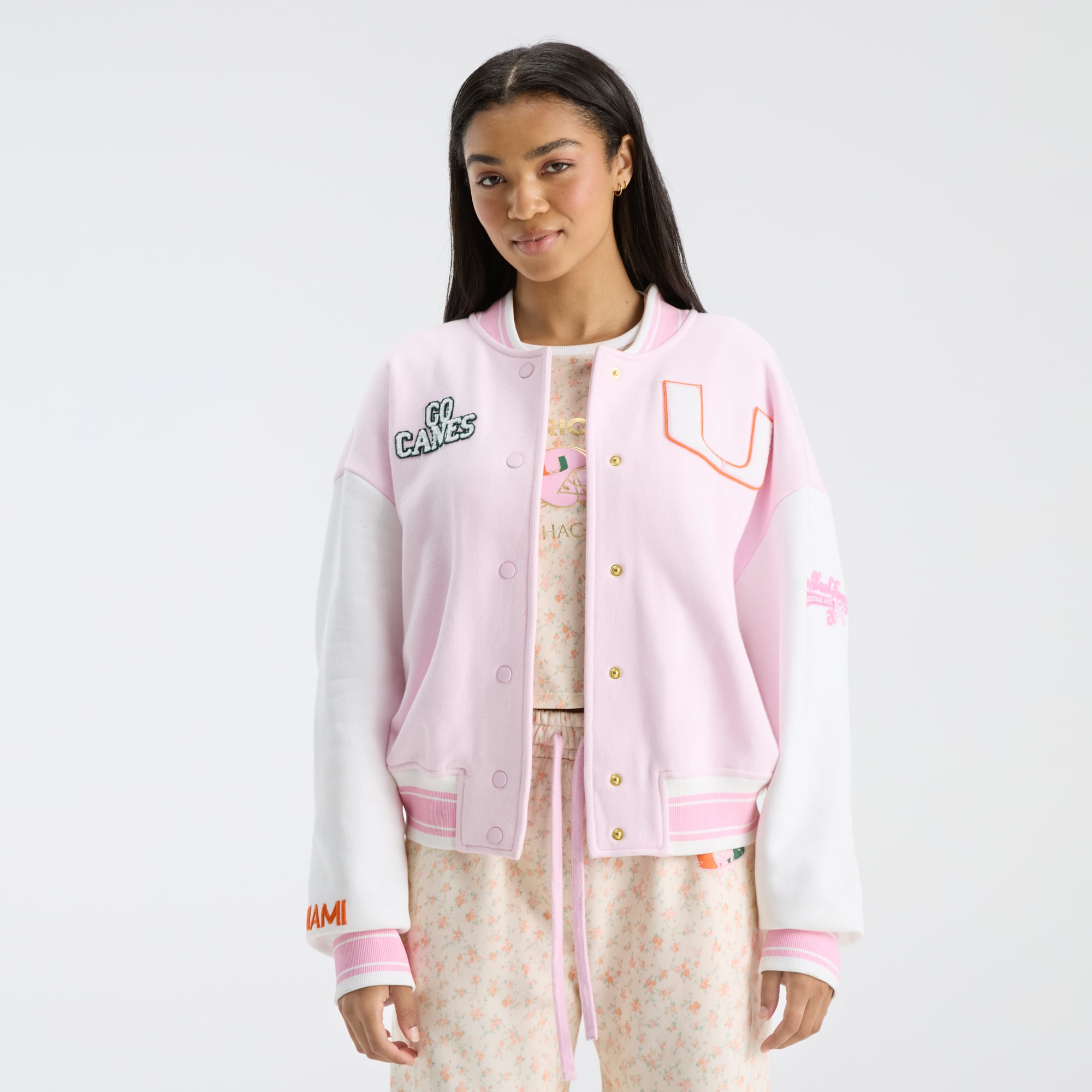 LoveShackFancy Women's Pink Miami Hurricanes Collegiate Varsity Full-Snap Jacket