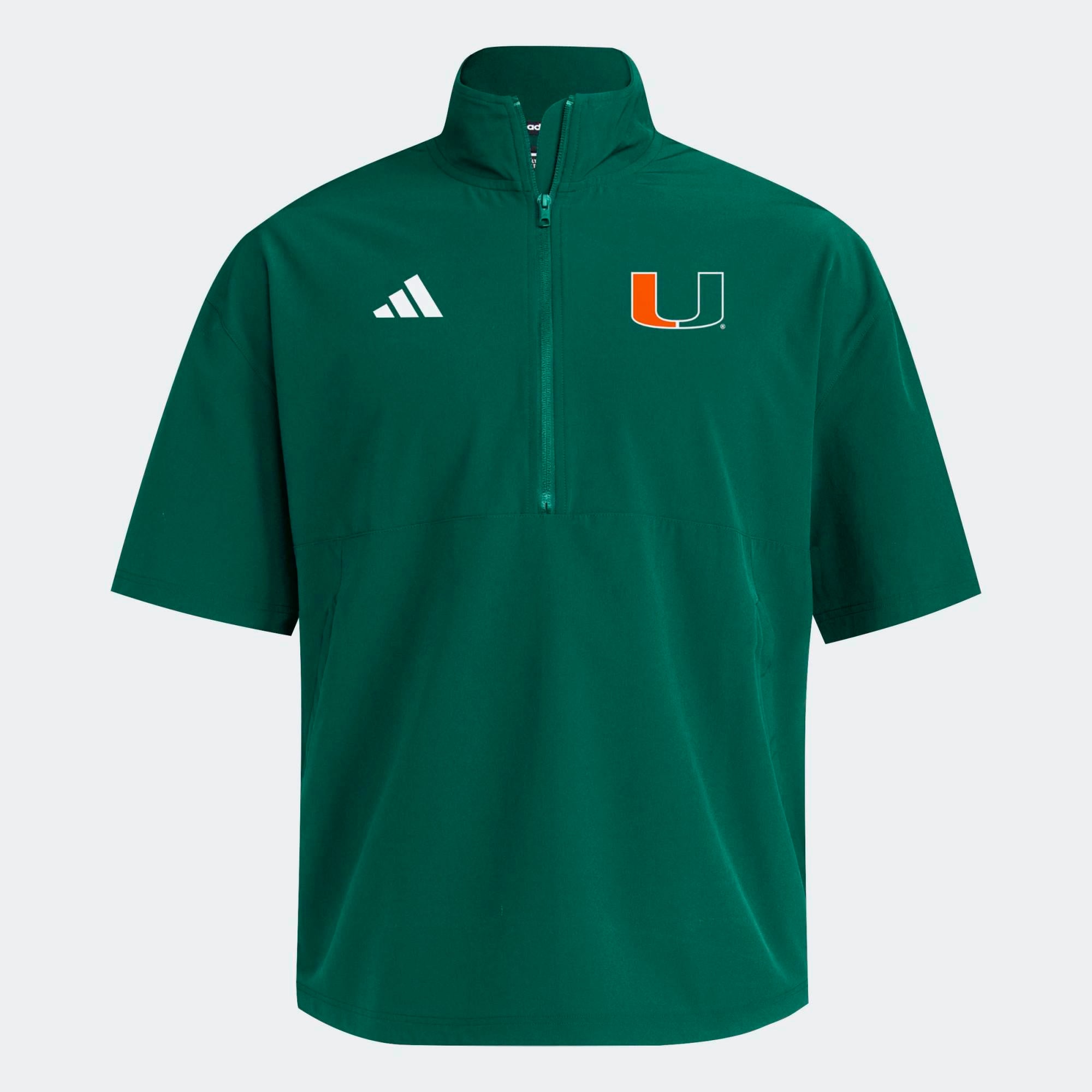 Veste adidas verte Miami Hurricanes 2026 Sideline pour homme, à manches courtes et fermeture éclair quart de tour.