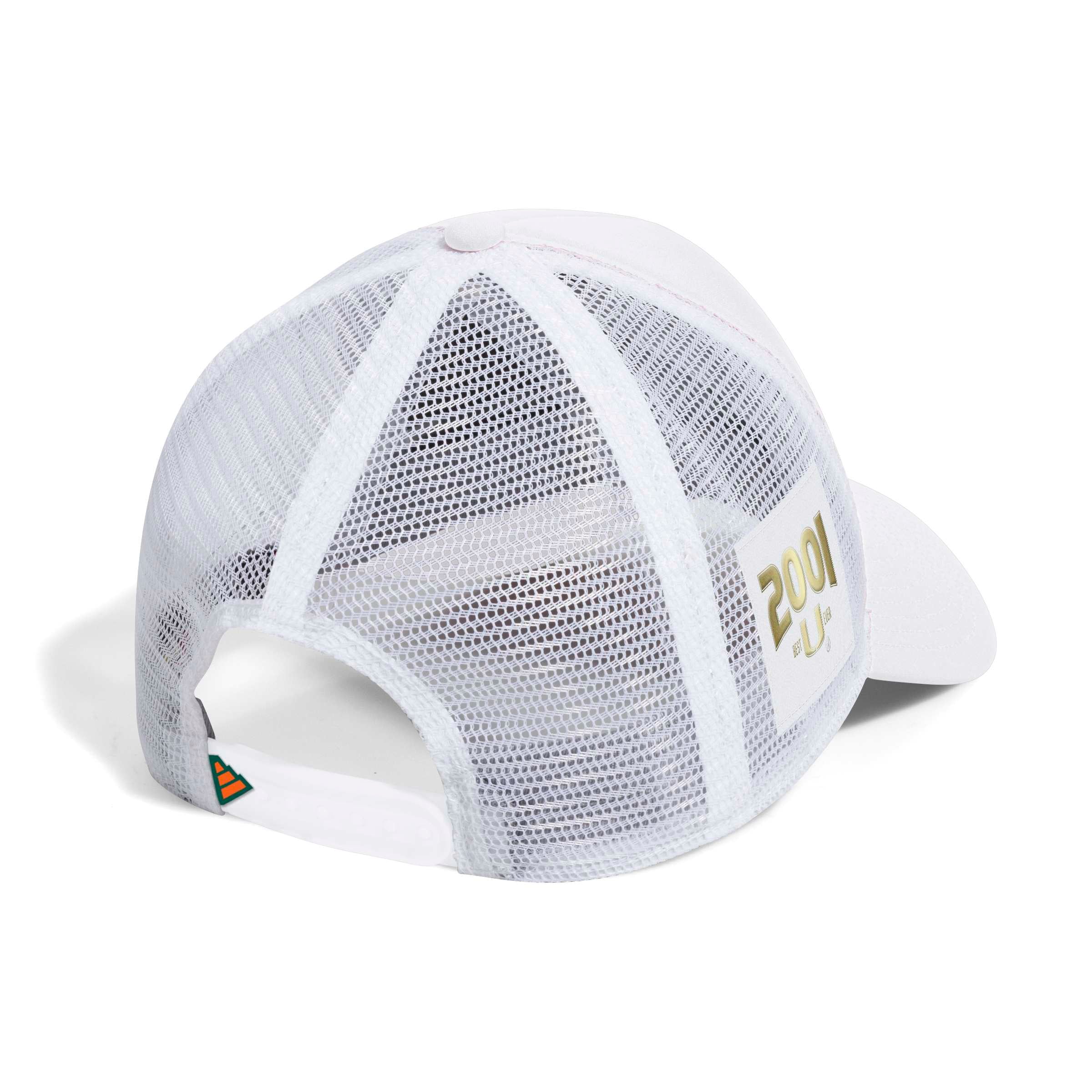 Casquette trucker adidas Miami Hurricanes blanche pour homme, modèle ajustable avec mousse frontale.