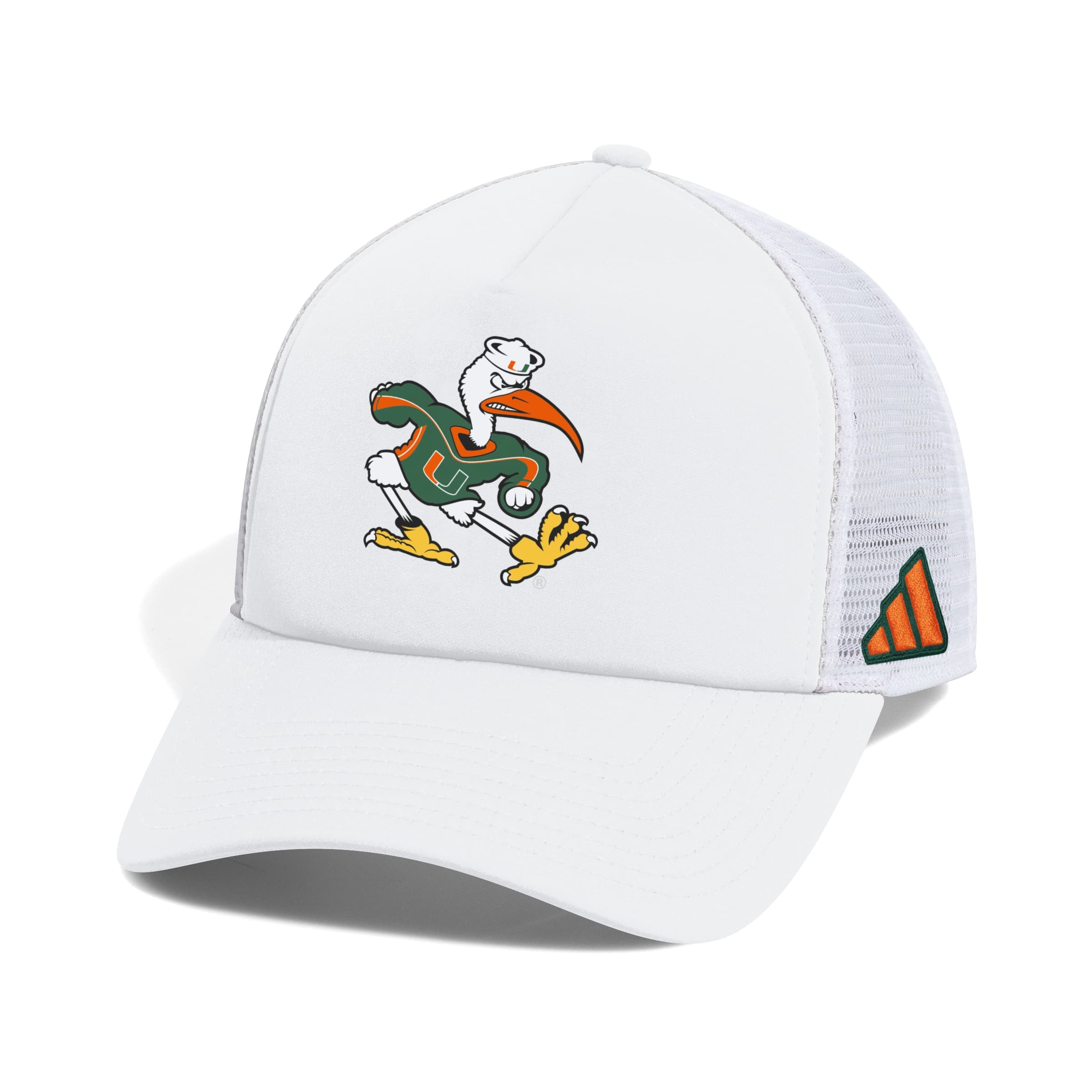 Casquette trucker adidas Miami Hurricanes blanche pour homme, modèle ajustable avec mousse frontale.
