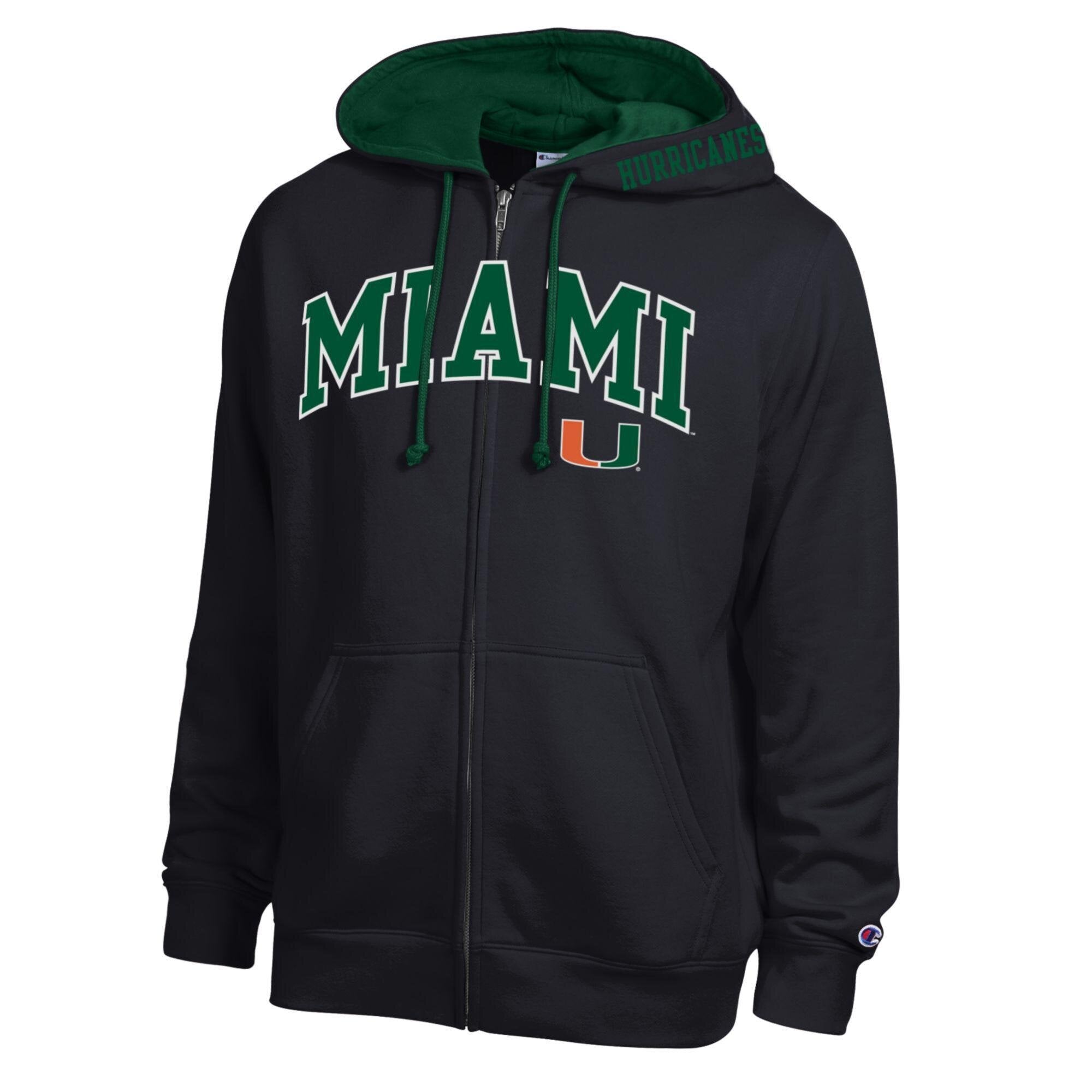 Sweat à capuche zippé en polaire Champion noir Miami Hurricanes avec logo arc de cercle pour homme