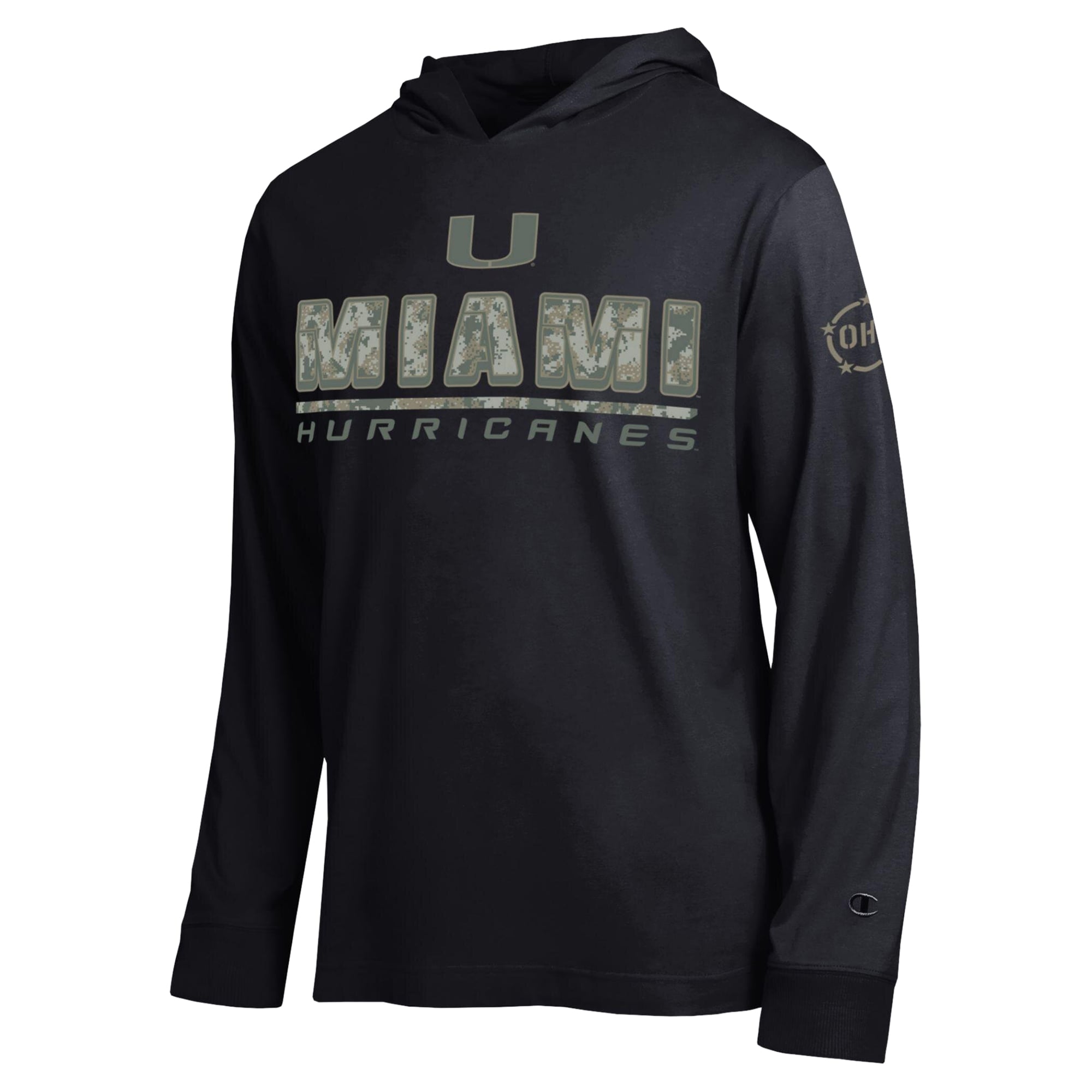 T-shirt à manches longues et capuche Champion noir Miami Hurricanes Operation Hat Trick Camo Script pour homme