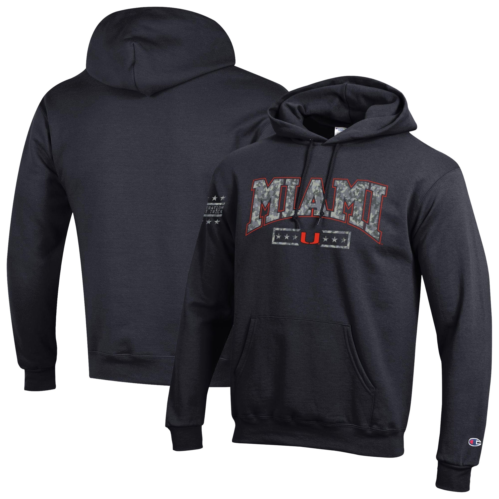 Sweat à capuche en polaire Powerblend noir Champion Miami Hurricanes Operation Hat Trick Camo Script pour homme