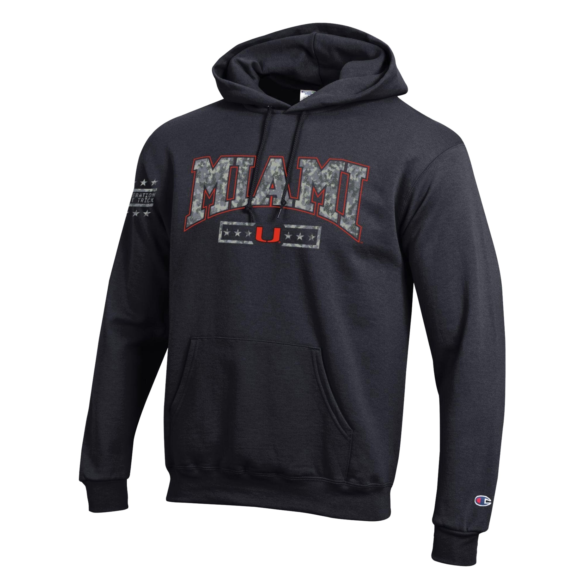Sweat à capuche en polaire Powerblend noir Champion Miami Hurricanes Operation Hat Trick Camo Script pour homme