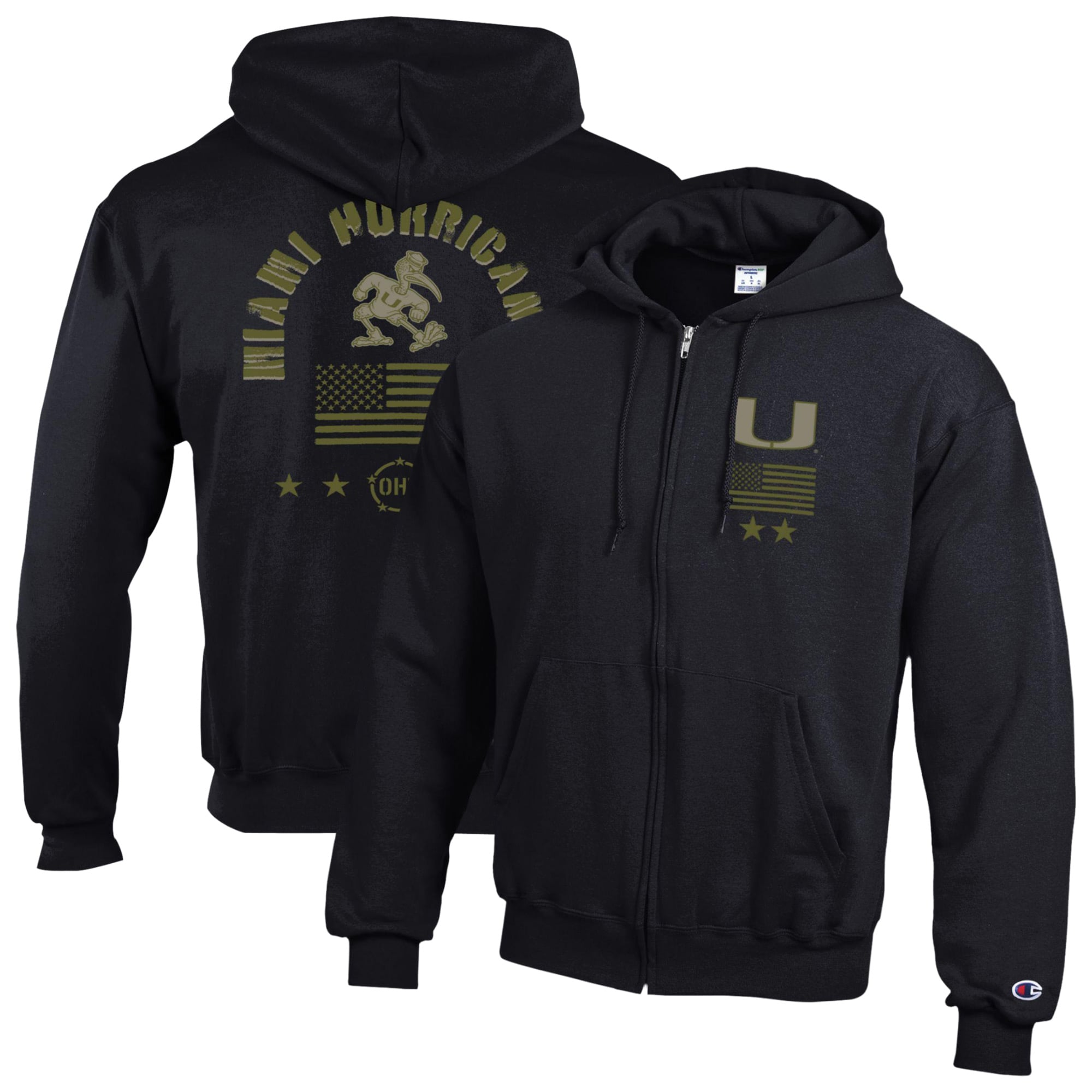 Sweat à capuche zippé Champion noir Miami Hurricanes Operation Hat Trick Flag en polaire Powerblend pour homme